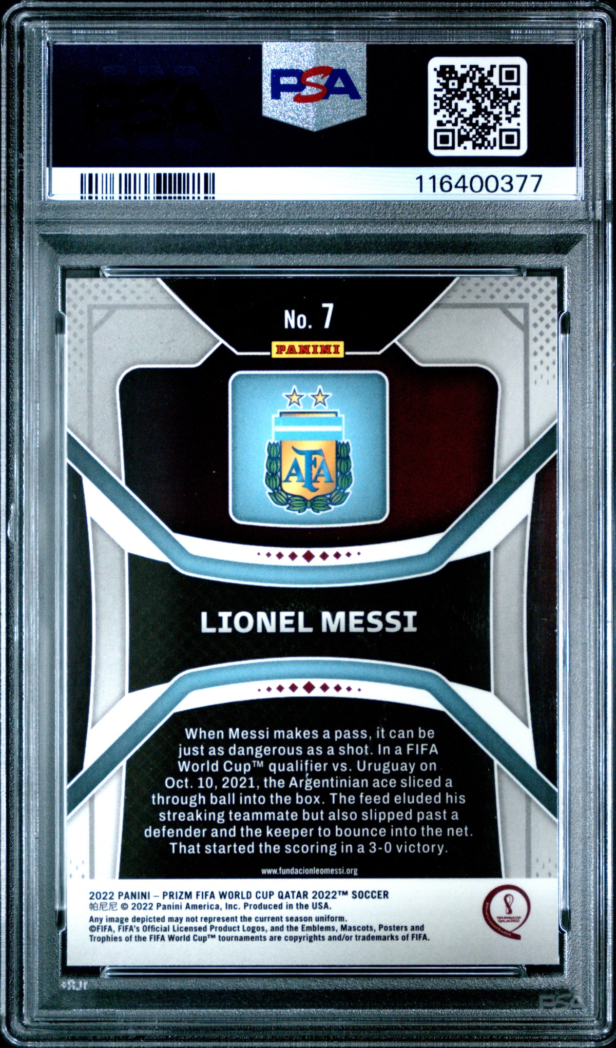2022 Panini Prizm World Cup Qatar Lionel Messi #7 — PSA 10 — back