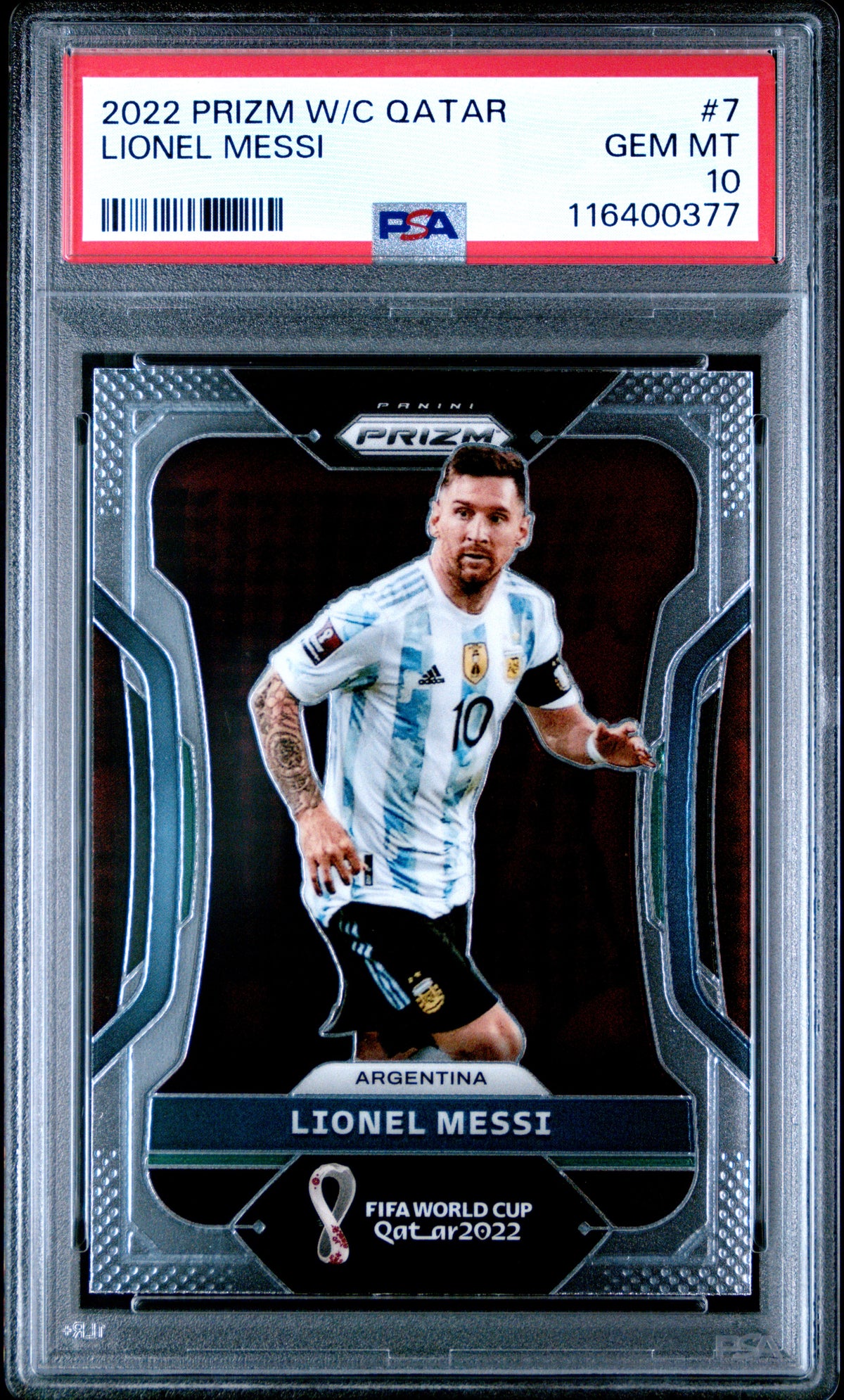 2022 Panini Prizm World Cup Qatar Lionel Messi #7 — PSA 10 — front