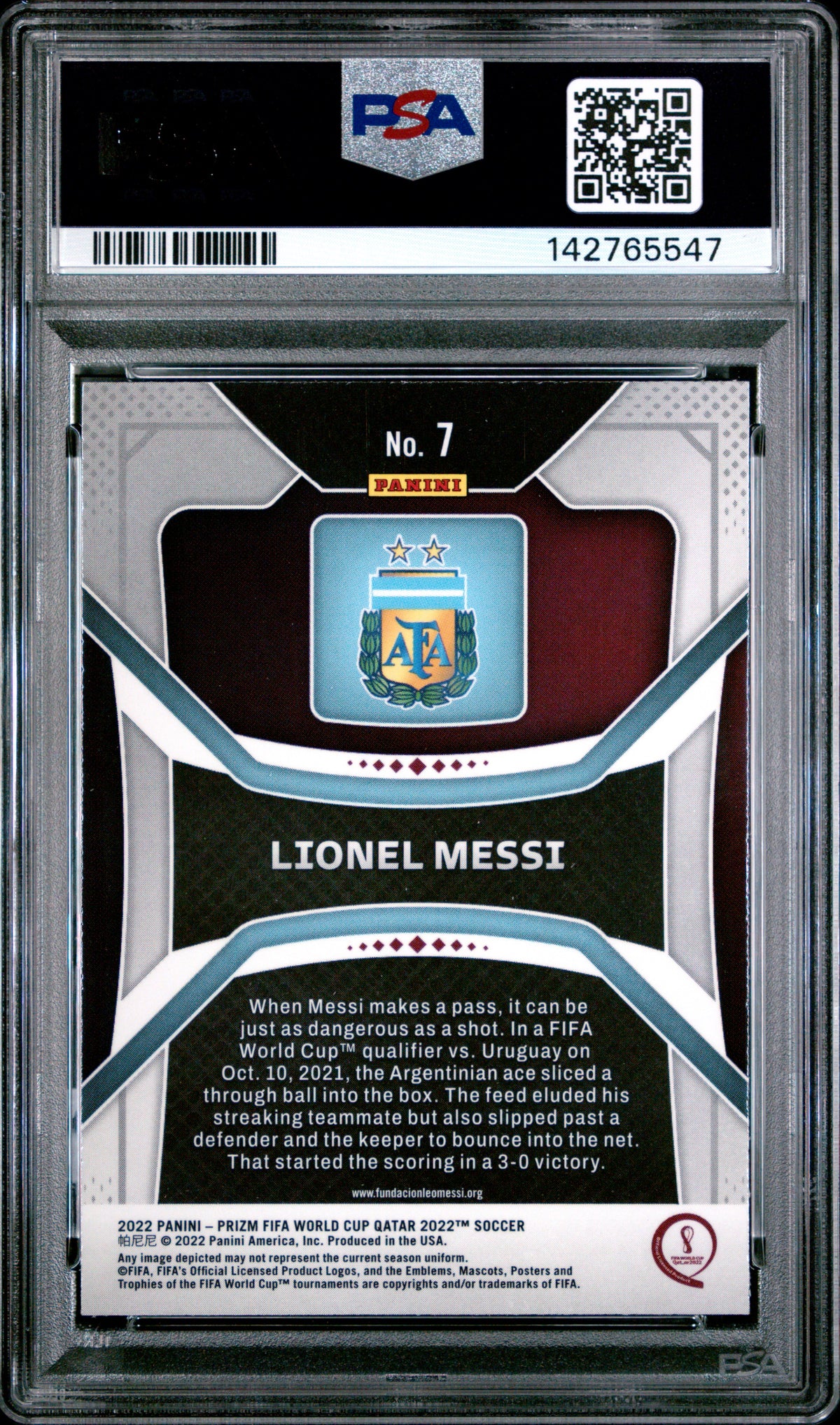 2022 Panini Prizm World Cup Qatar Lionel Messi #7 — PSA 9 — back