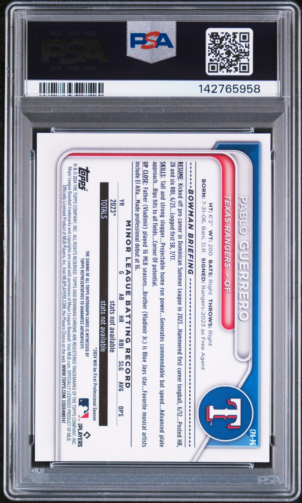 2024 Bowman Chrome Prospect Autographs Pablo Guerrero #CPAPG Red Wave — PSA 9 / Auto 10 back