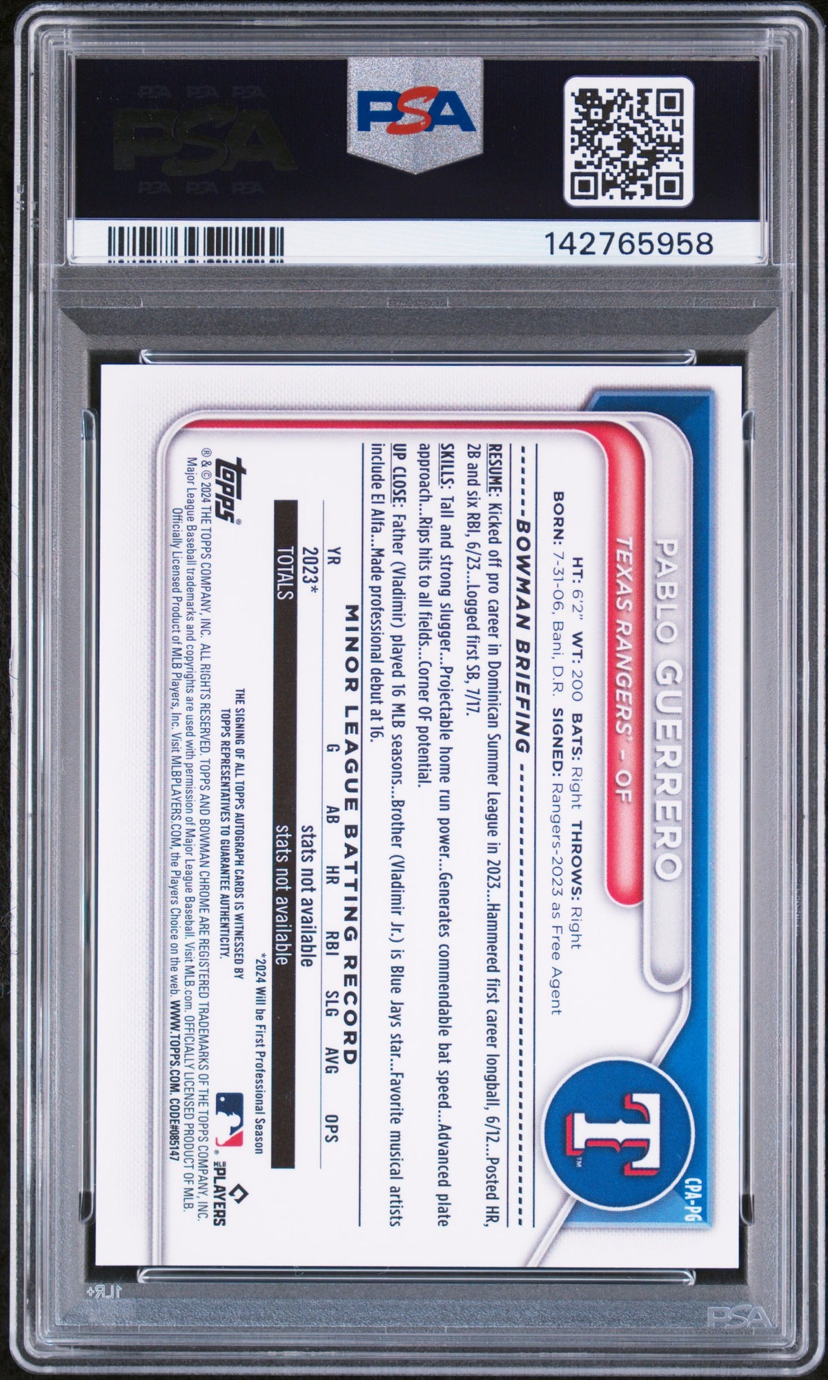 2024 Bowman Chrome Prospect Autographs Pablo Guerrero #CPAPG Red Wave — PSA 9 / Auto 10 back