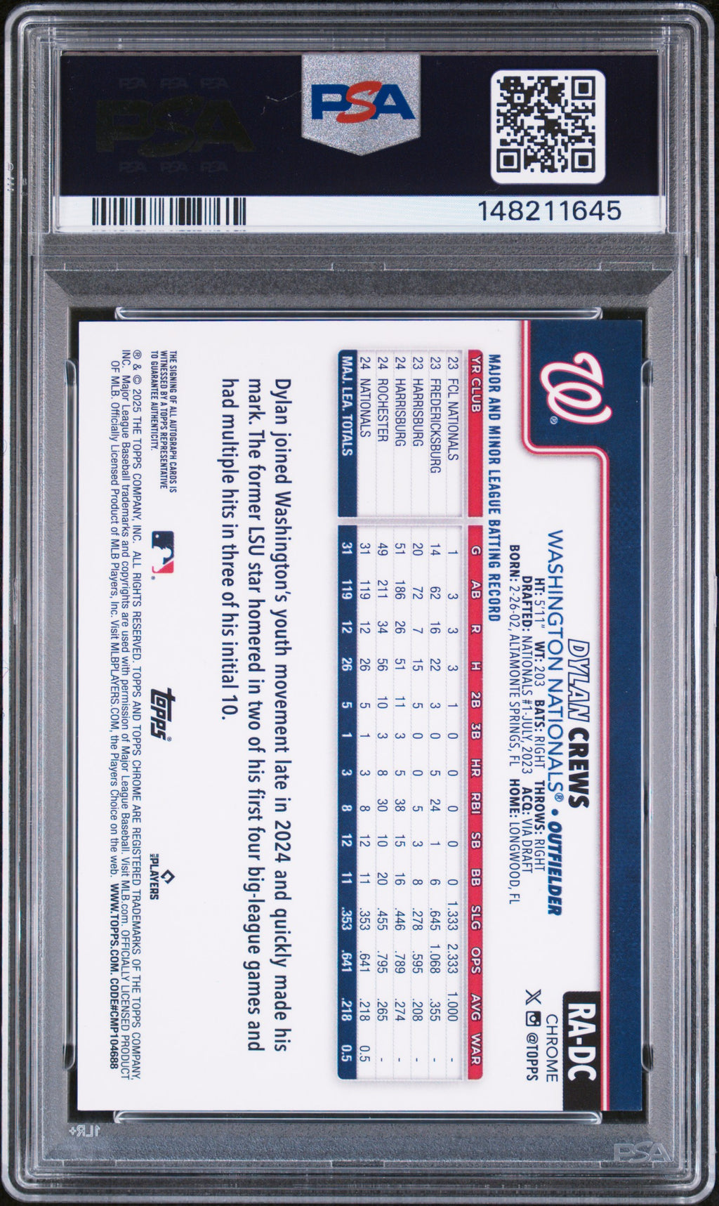 2025 Topps Chrome Update Rookie Autographs Dylan Crews #DC Green / Yellow Lava Lamp — PSA 8 / Auto 10 back