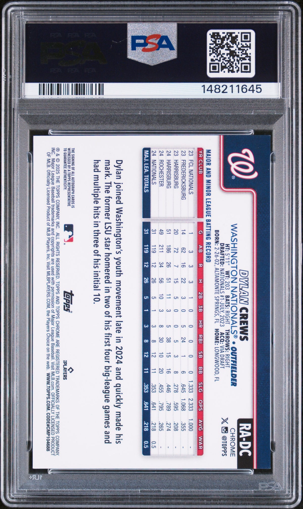 2025 Topps Chrome Update Rookie Autographs Dylan Crews #DC Green / Yellow Lava Lamp — PSA 8 / Auto 10 back