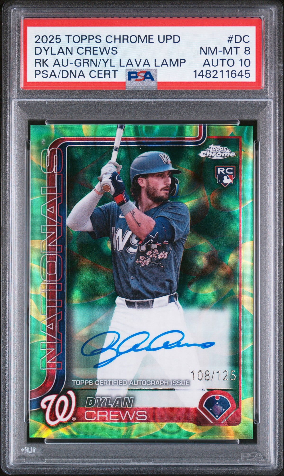 2025 Topps Chrome Update Rookie Autographs Dylan Crews #DC Green / Yellow Lava Lamp — PSA 8 / Auto 10 front