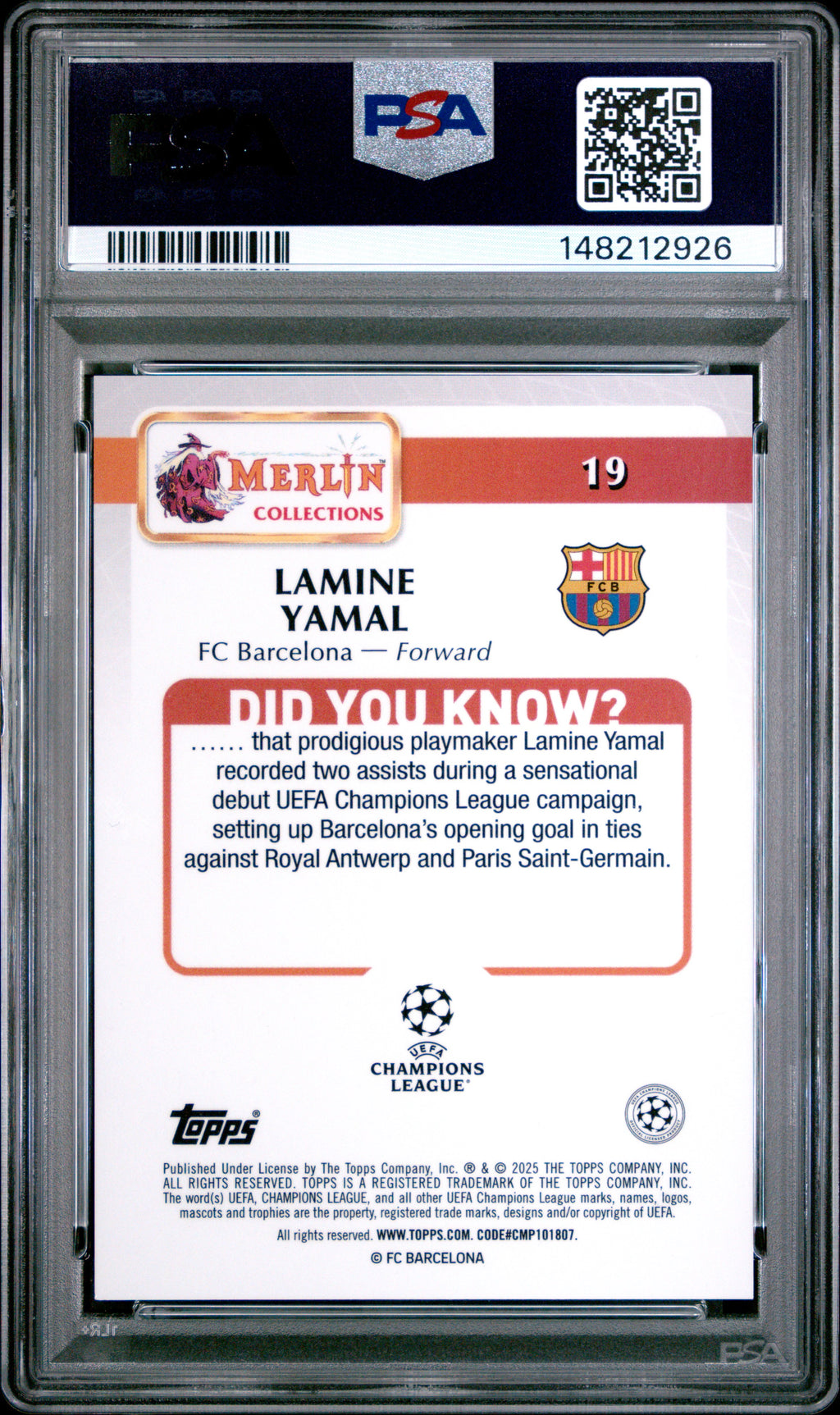 2024-2025 Topps Merlin UEFA Club Competitions Lamine Yamal #19 Black & White Vintage Merlin Refractor — PSA 10 — back