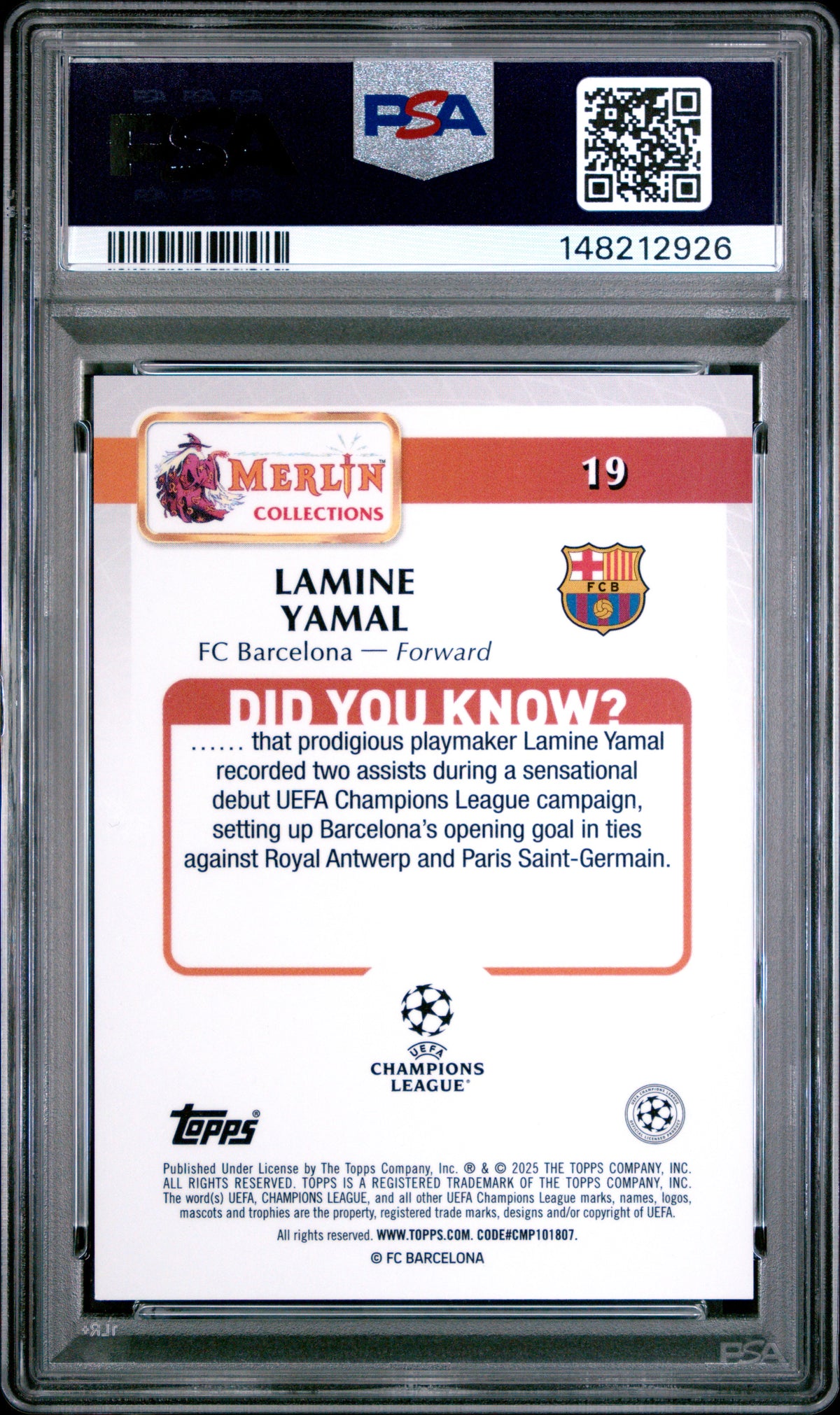 2024-2025 Topps Merlin UEFA Club Competitions Lamine Yamal #19 Black & White Vintage Merlin Refractor — PSA 10 — back