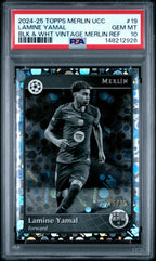 2024-2025 Topps Merlin UEFA Club Competitions Lamine Yamal #19 Black & White Vintage Merlin Refractor — PSA 10 — front