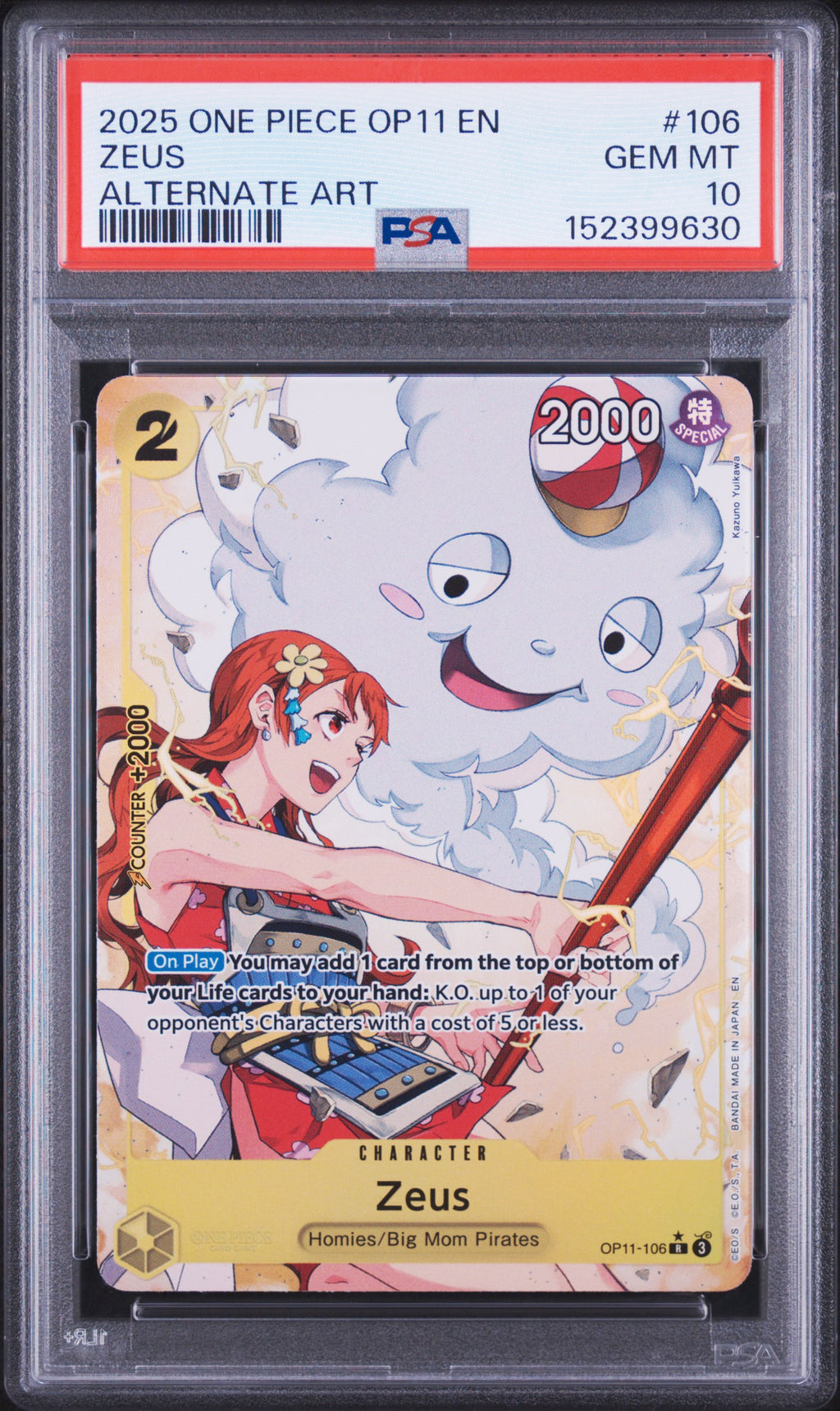 2025 One Piece A Fist of Divine Speed Zeus Alternate Art OP11-106 — PSA 10 front