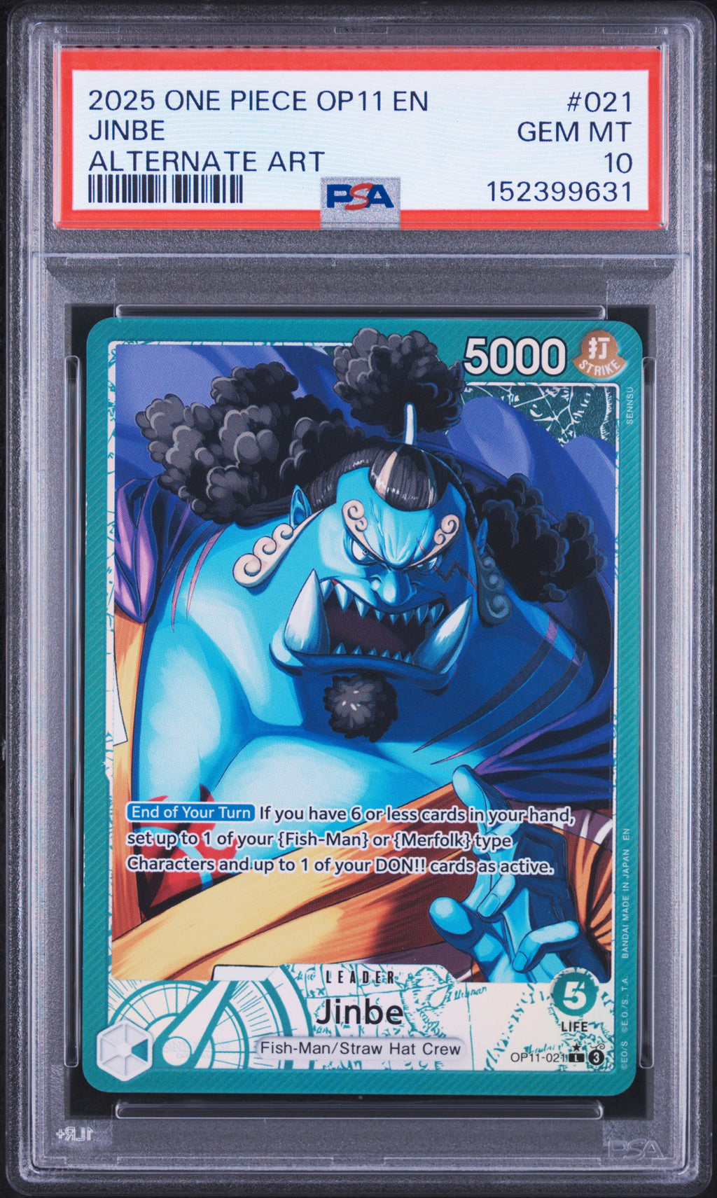2025 One Piece A Fist of Divine Speed Jinbe Alternate Art OP11-021 — PSA 10 front