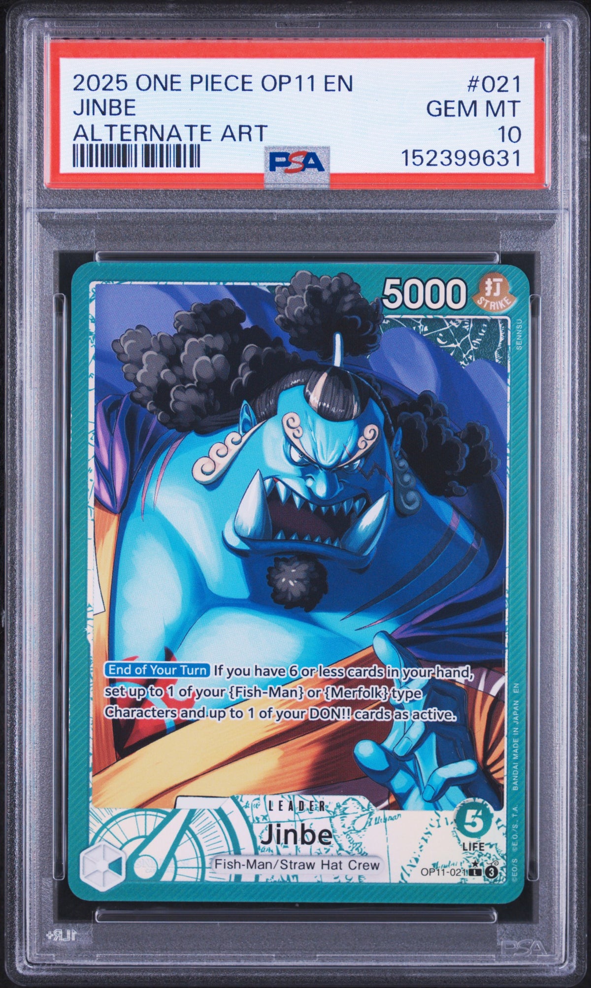 2025 One Piece A Fist of Divine Speed Jinbe Alternate Art OP11-021 — PSA 10 front
