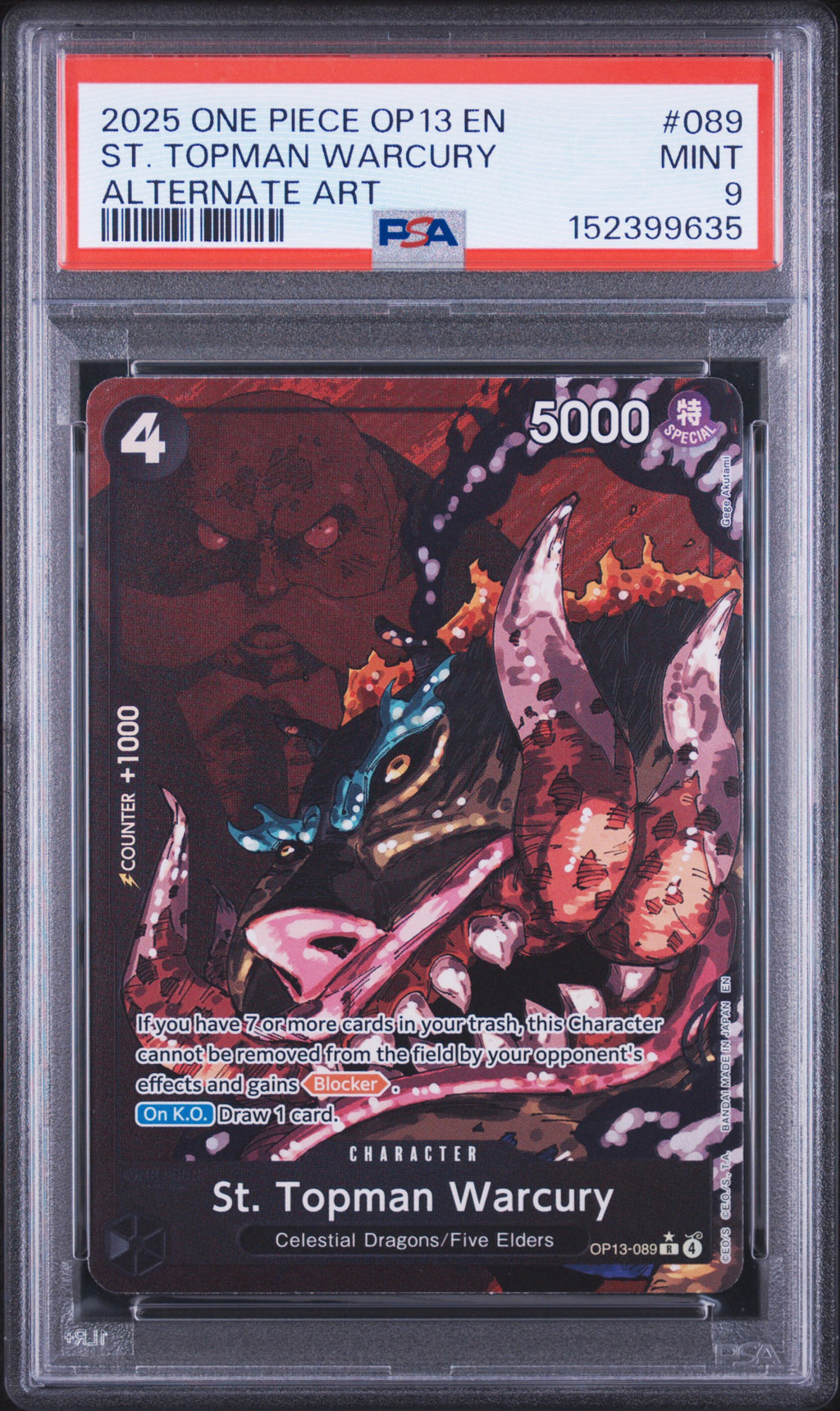 2025 One Piece Carrying On His Will St. Topman Warcury Alternate Art OP13-089 — PSA 9 front