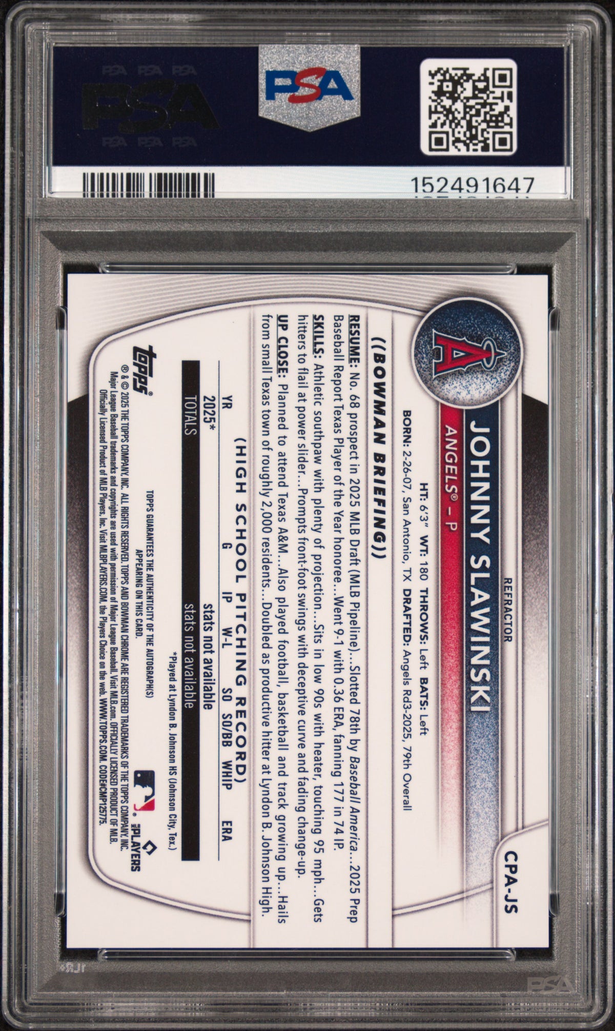 2025 Bowman Draft Chrome Prospect Autographs Johnny Slawinski #CPA-JS Refractor — PSA 8 / Auto 10 back