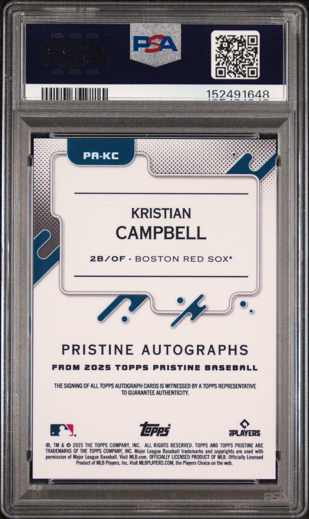 2025 Topps Pristine Pristine Autographs Kristian Campbell #KC — PSA 10 / Auto 10 back
