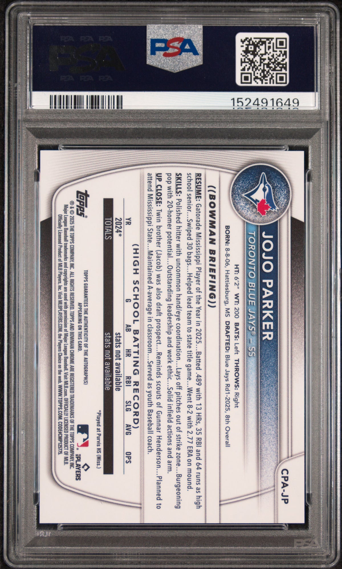 2025 Bowman Draft Chrome Prospect Autographs Jojo Parker #CPA-JP — PSA 9 / Auto 7 back