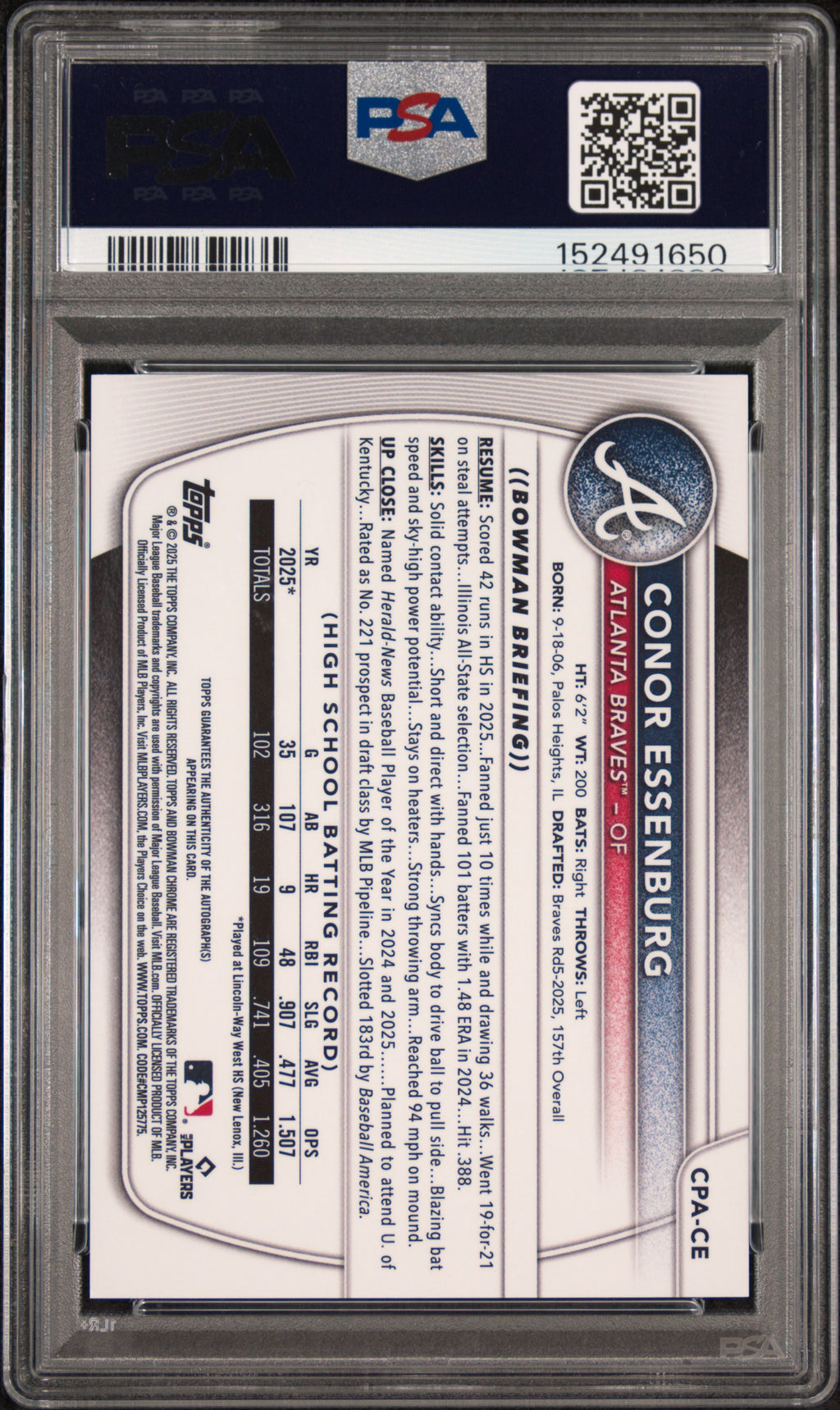 2025 Bowman Draft Chrome Prospect Autographs Conor Essenburg #CPA-CE Aqua Lava — PSA 10 / Auto 9 back