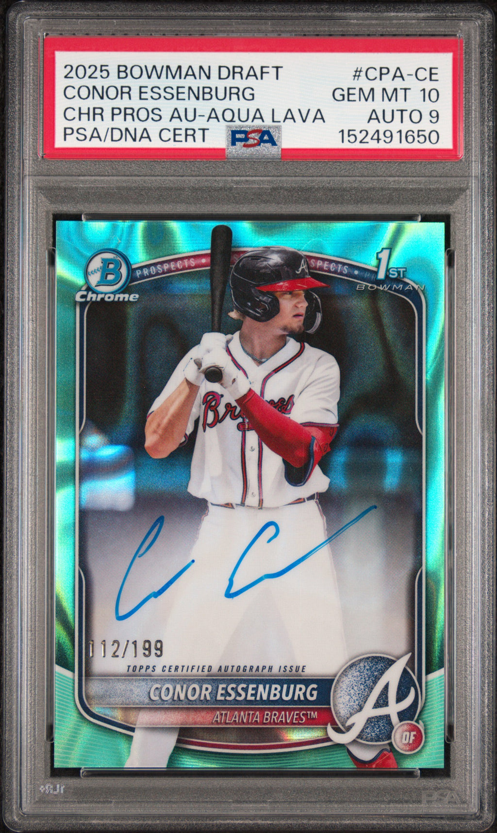 2025 Bowman Draft Chrome Prospect Autographs Conor Essenburg #CPA-CE Aqua Lava — PSA 10 / Auto 9 front