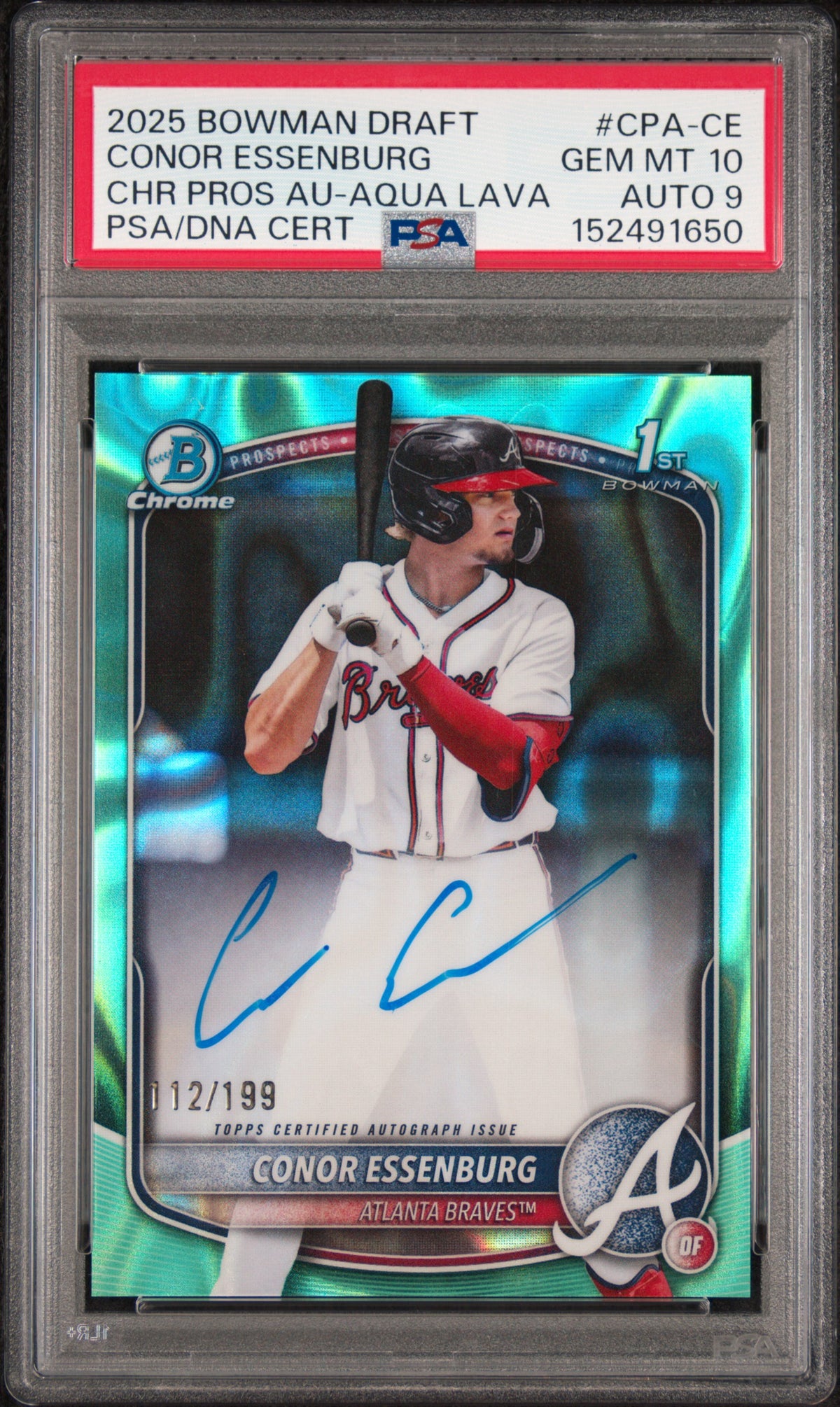 2025 Bowman Draft Chrome Prospect Autographs Conor Essenburg #CPA-CE Aqua Lava — PSA 10 / Auto 9 front