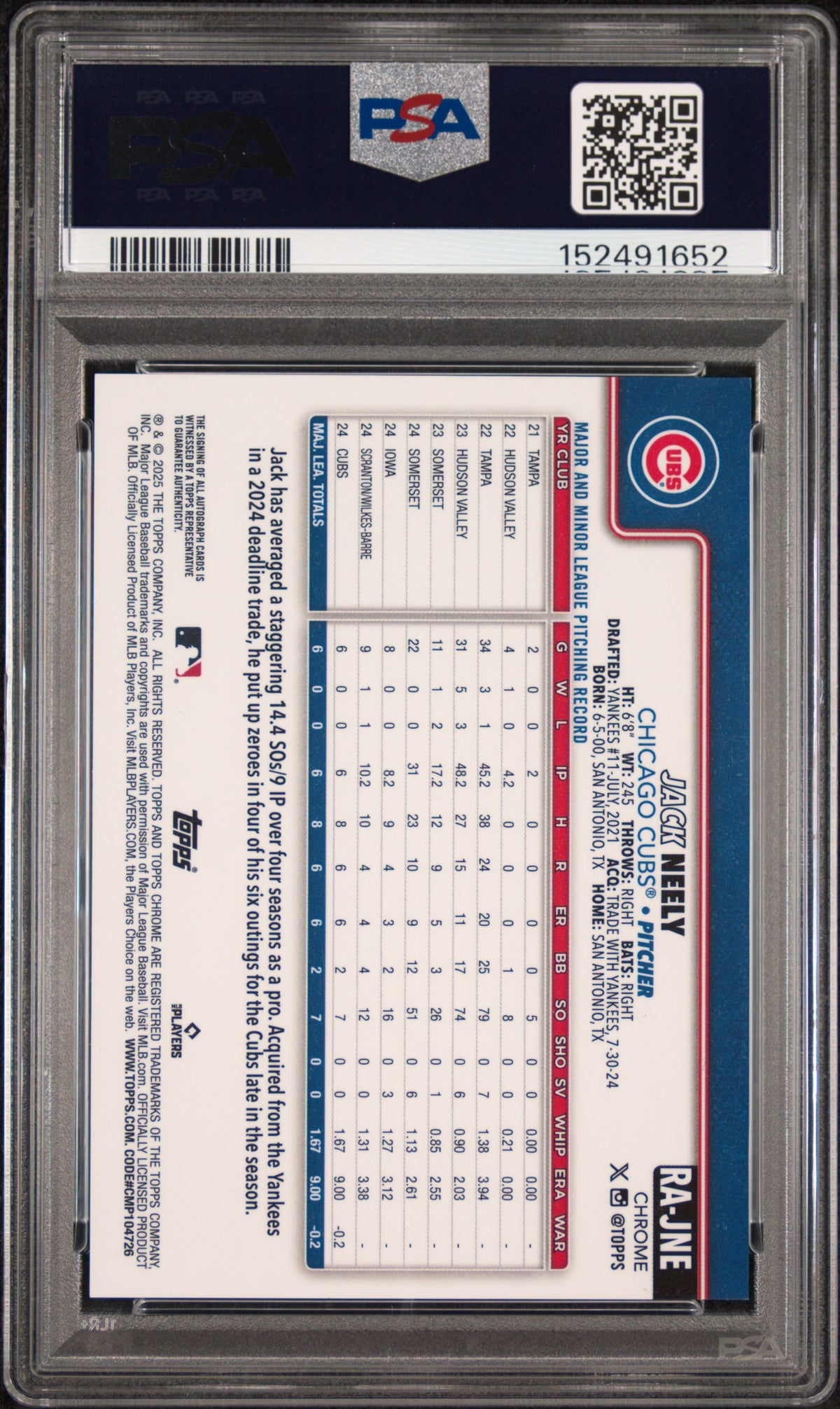 2025 Topps Chrome Rookie Autographs Jack Neely #RAJNE — PSA 9 / Auto 9 back