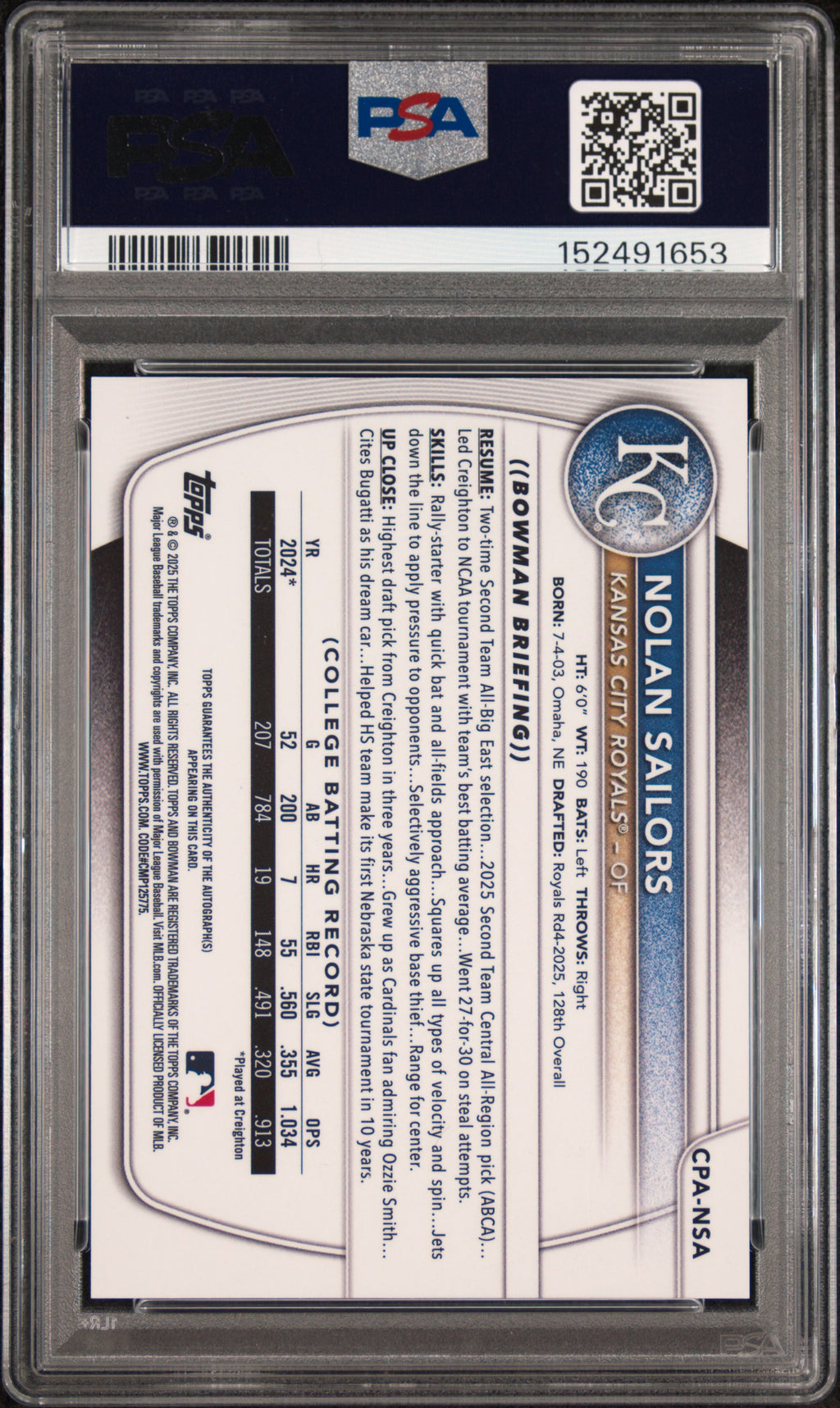 2025 Bowman Draft Chrome Prospect Autographs Nolan Sailors #CPA-NSA Purple Refractor — PSA 10 / Auto 9 back