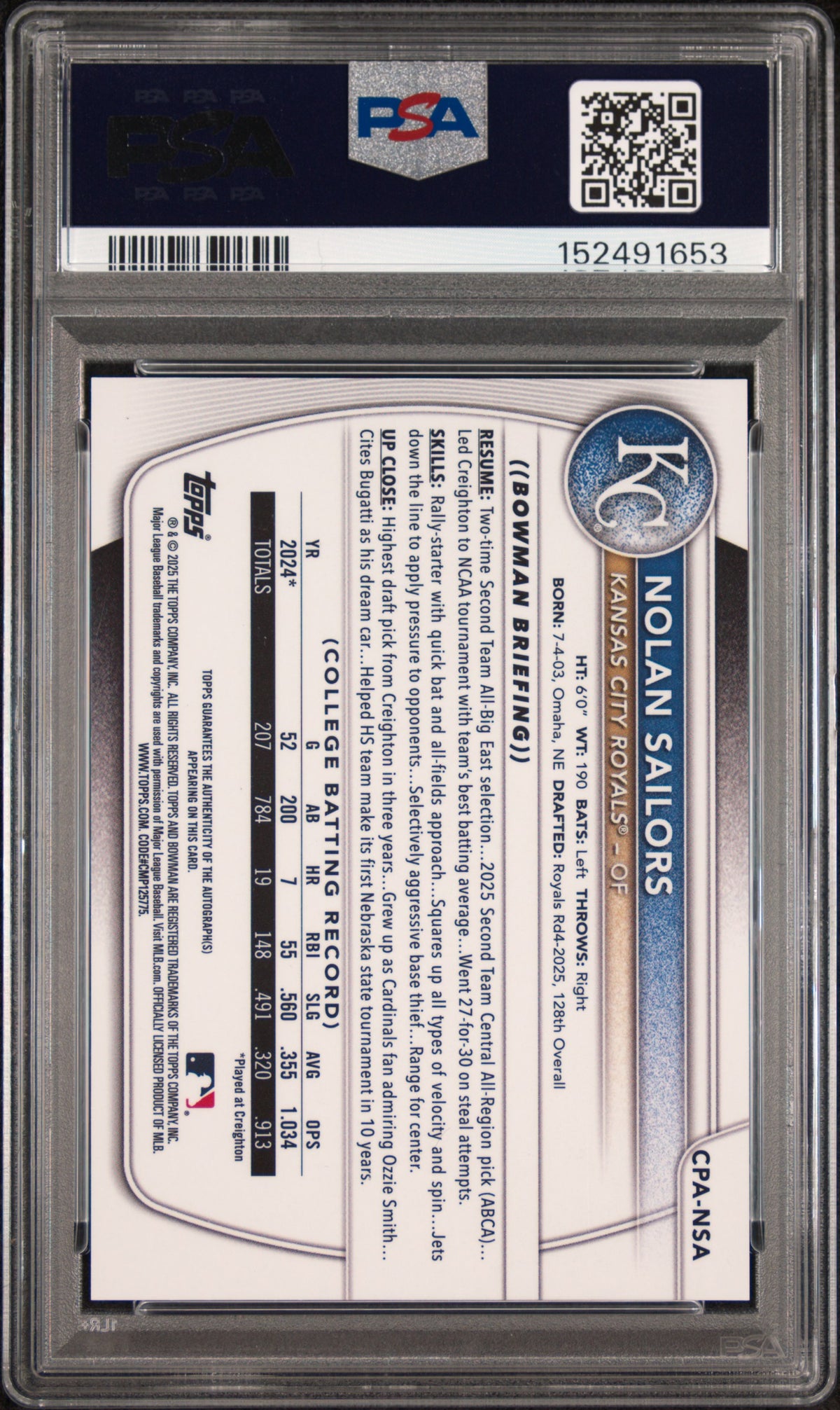 2025 Bowman Draft Chrome Prospect Autographs Nolan Sailors #CPA-NSA Purple Refractor — PSA 10 / Auto 9 back