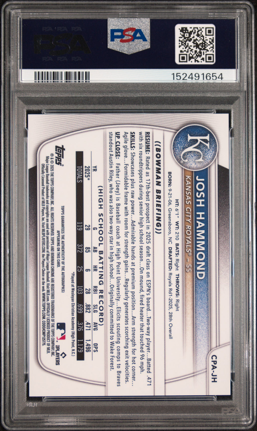2025 Bowman Draft Chrome Prospect Autographs Josh Hammond #CPA-JH — PSA 10 / Auto 10 back