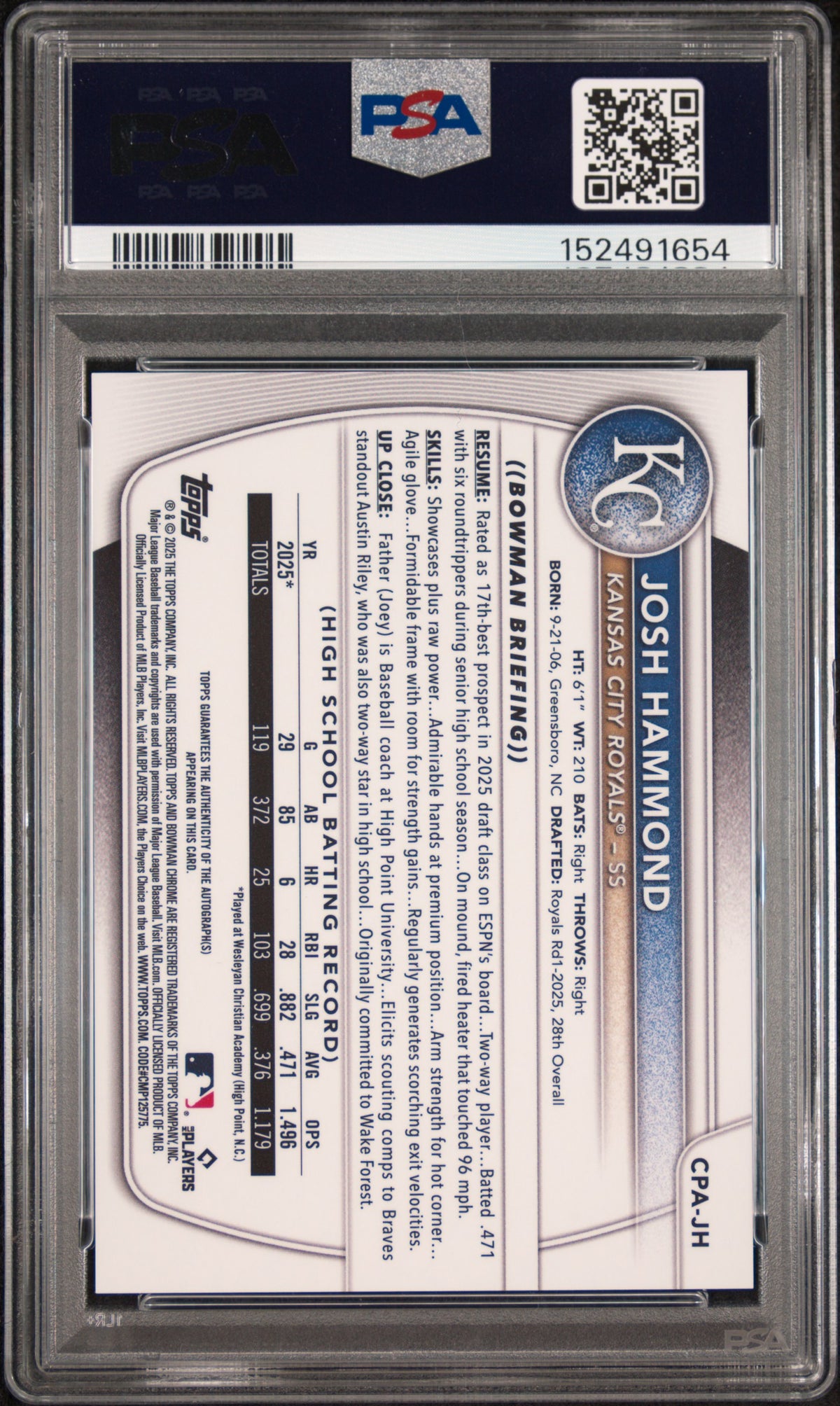 2025 Bowman Draft Chrome Prospect Autographs Josh Hammond #CPA-JH — PSA 10 / Auto 10 back
