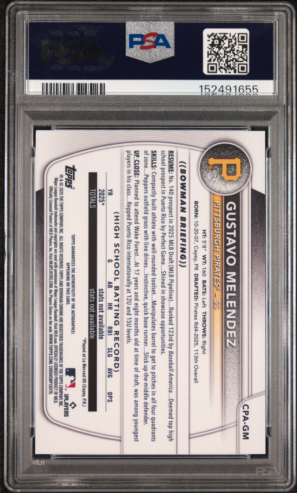 2025 Bowman Draft Chrome Prospect Autographs Gustavo Melendez #CPA-GM — PSA 8 / Auto 10 back