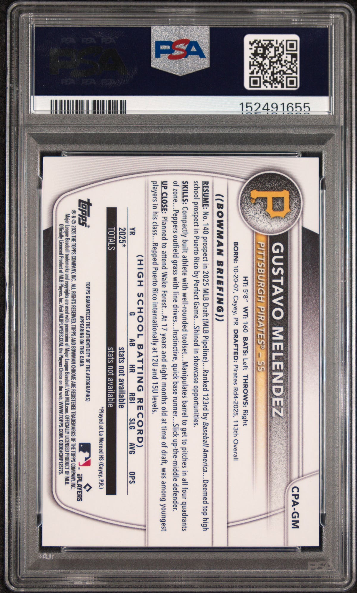 2025 Bowman Draft Chrome Prospect Autographs Gustavo Melendez #CPA-GM — PSA 8 / Auto 10 back