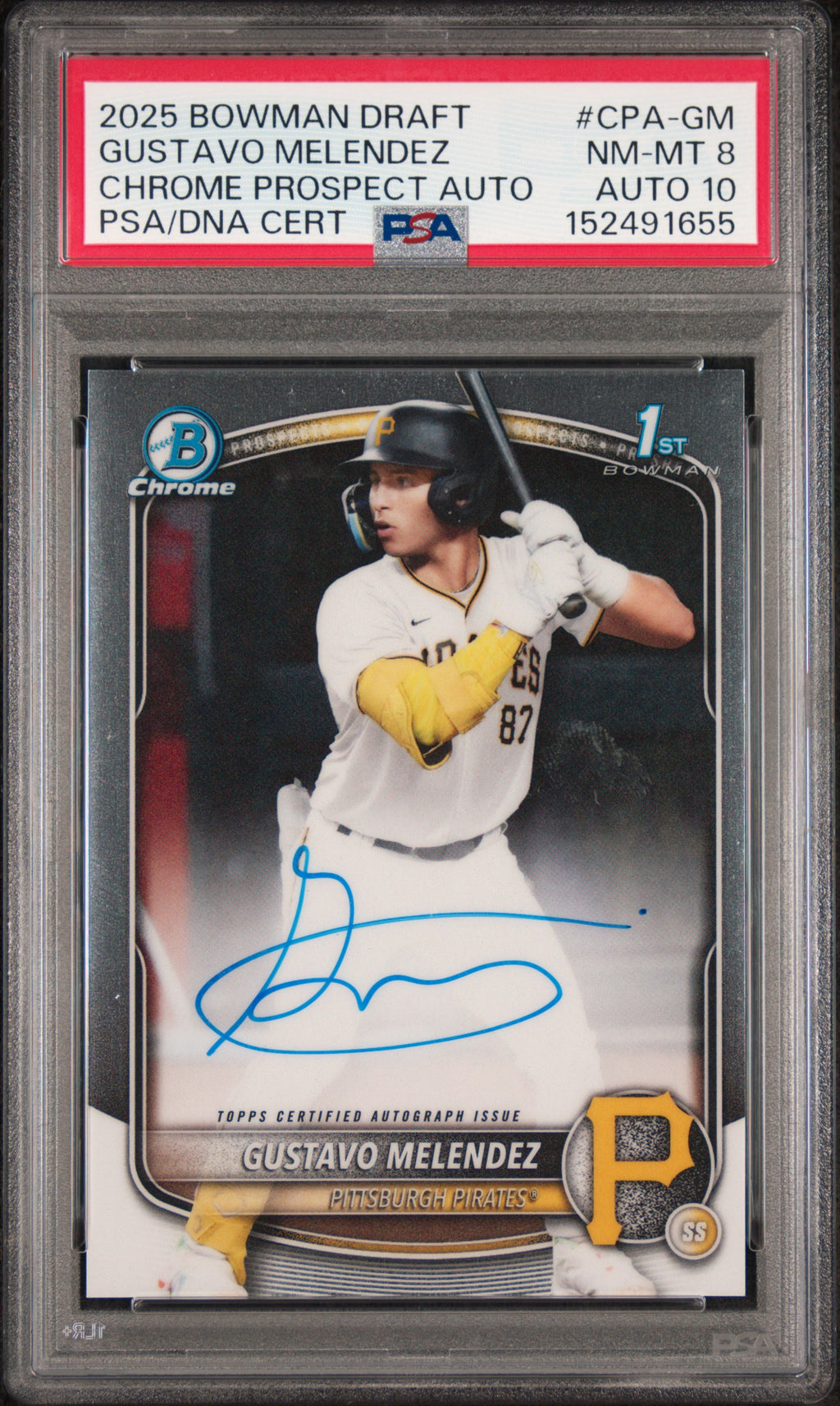 2025 Bowman Draft Chrome Prospect Autographs Gustavo Melendez #CPA-GM — PSA 8 / Auto 10 front