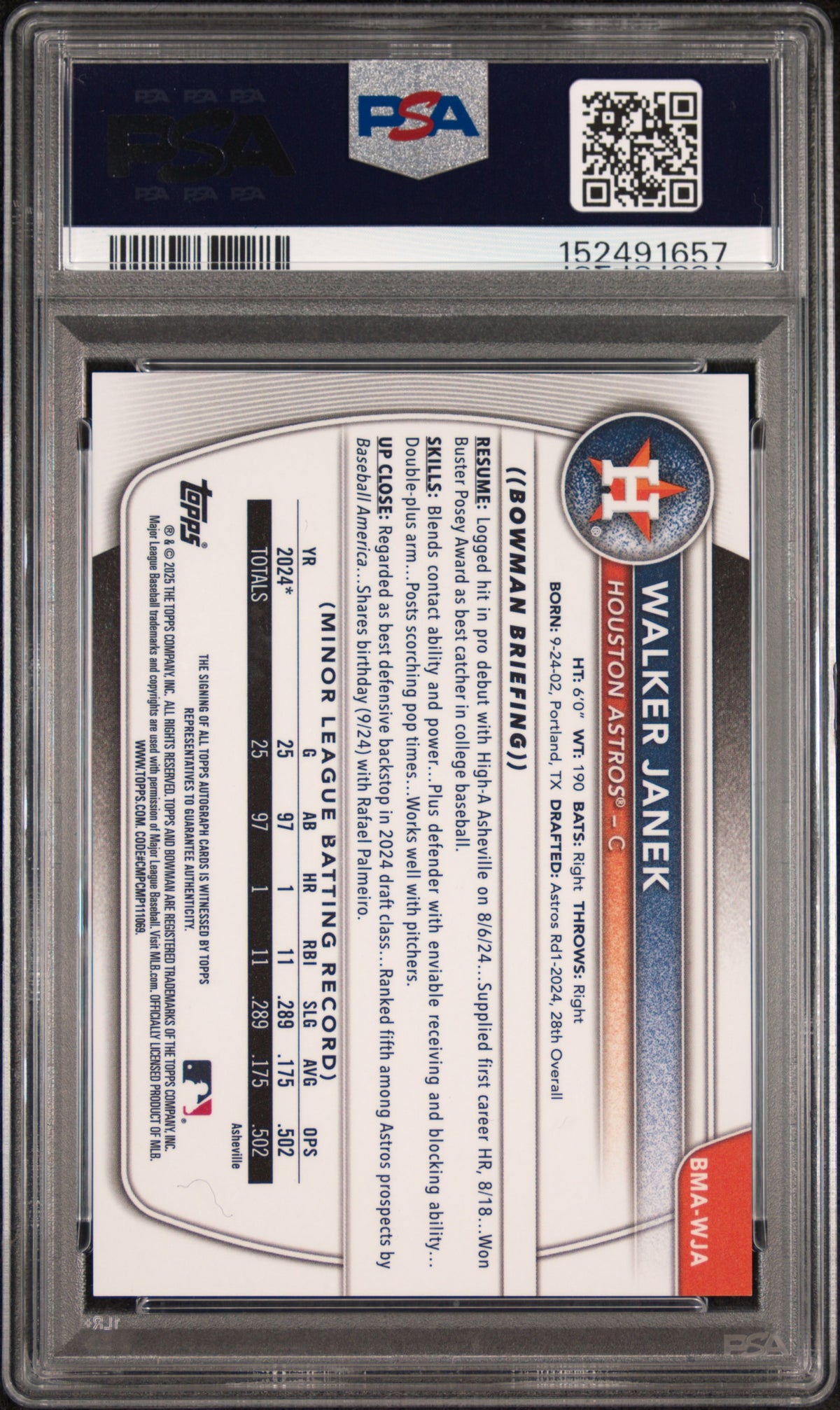 2025 Bowman Chrome Mega Box Chrome Prospects Autographs Walker Janek #WJA Purple Refractor — PSA 9 / Auto 10 back