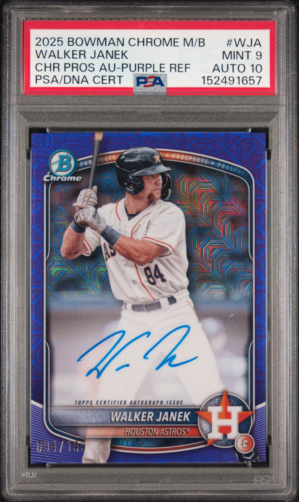2025 Bowman Chrome Mega Box Chrome Prospects Autographs Walker Janek #WJA Purple Refractor — PSA 9 / Auto 10 front
