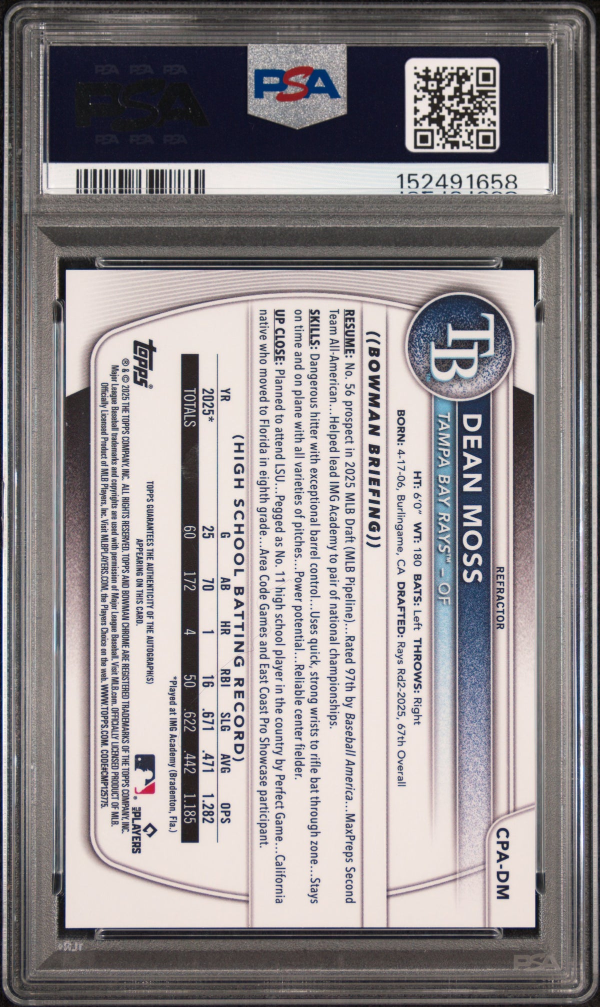 2025 Bowman Draft Chrome Prospect Autographs Dean Moss #CPA-DM Refractor — PSA 8 / Auto 10 back