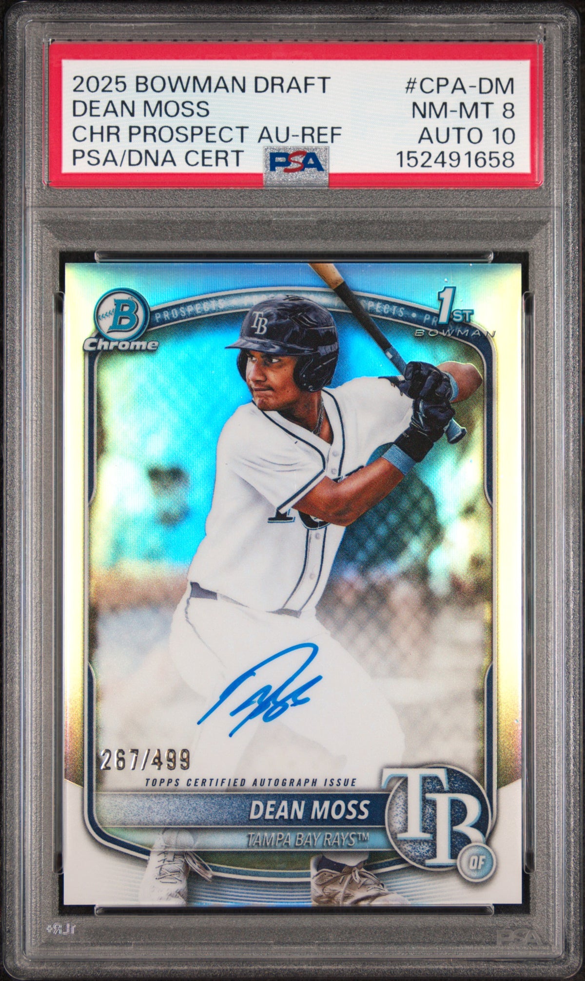 2025 Bowman Draft Chrome Prospect Autographs Dean Moss #CPA-DM Refractor — PSA 8 / Auto 10 front