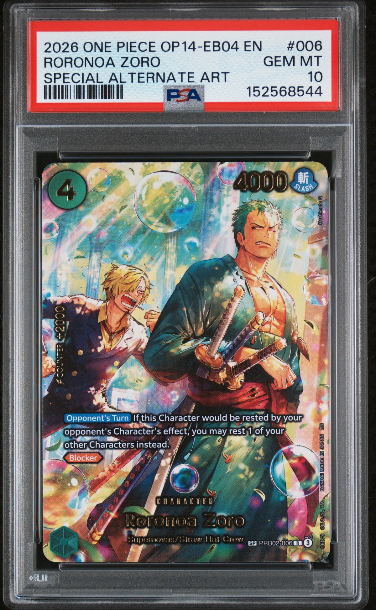 2026 One Piece The Azure Sea's Seven Roronoa Zoro Special Alternate Art #006 — PSA 10 front