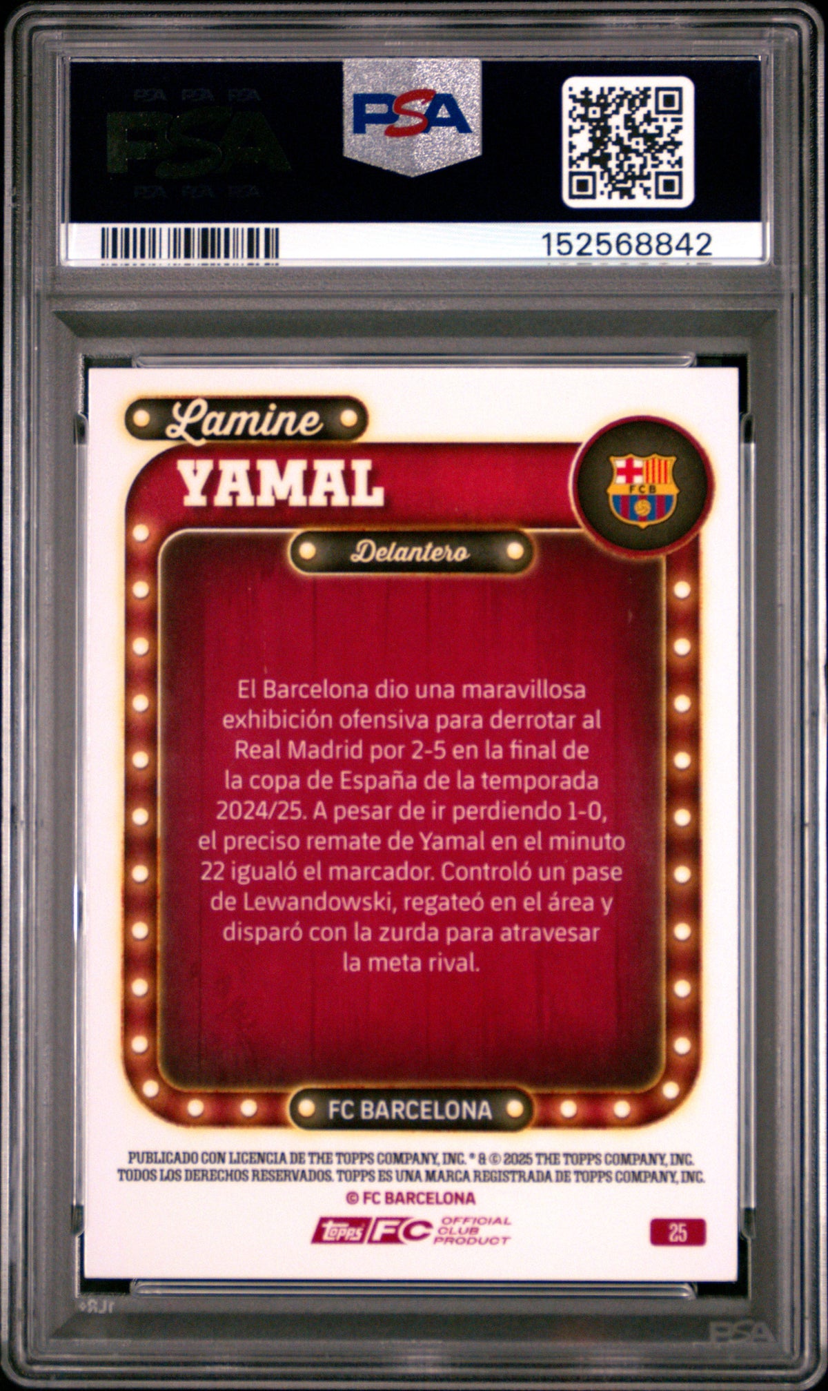 2025-2026 Topps FC Barcelona Collector Tin Lamine Yamal #25 Amber — PSA 9 — back