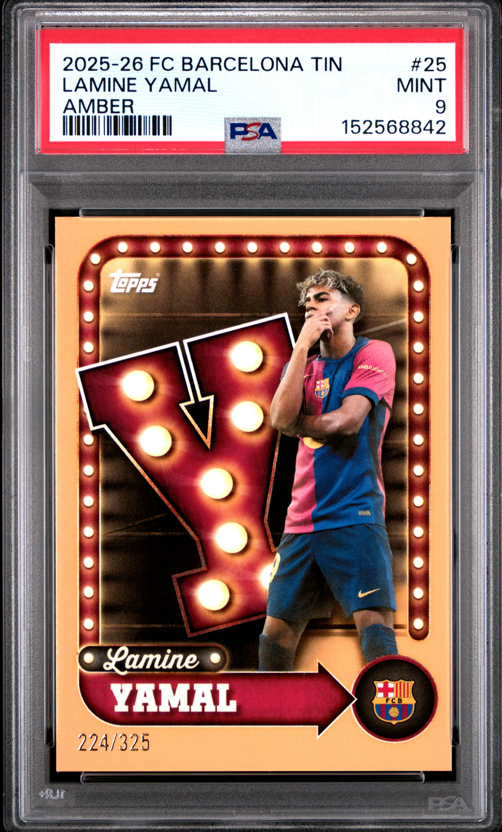 2025-2026 Topps FC Barcelona Collector Tin Lamine Yamal #25 Amber — PSA 9 — front