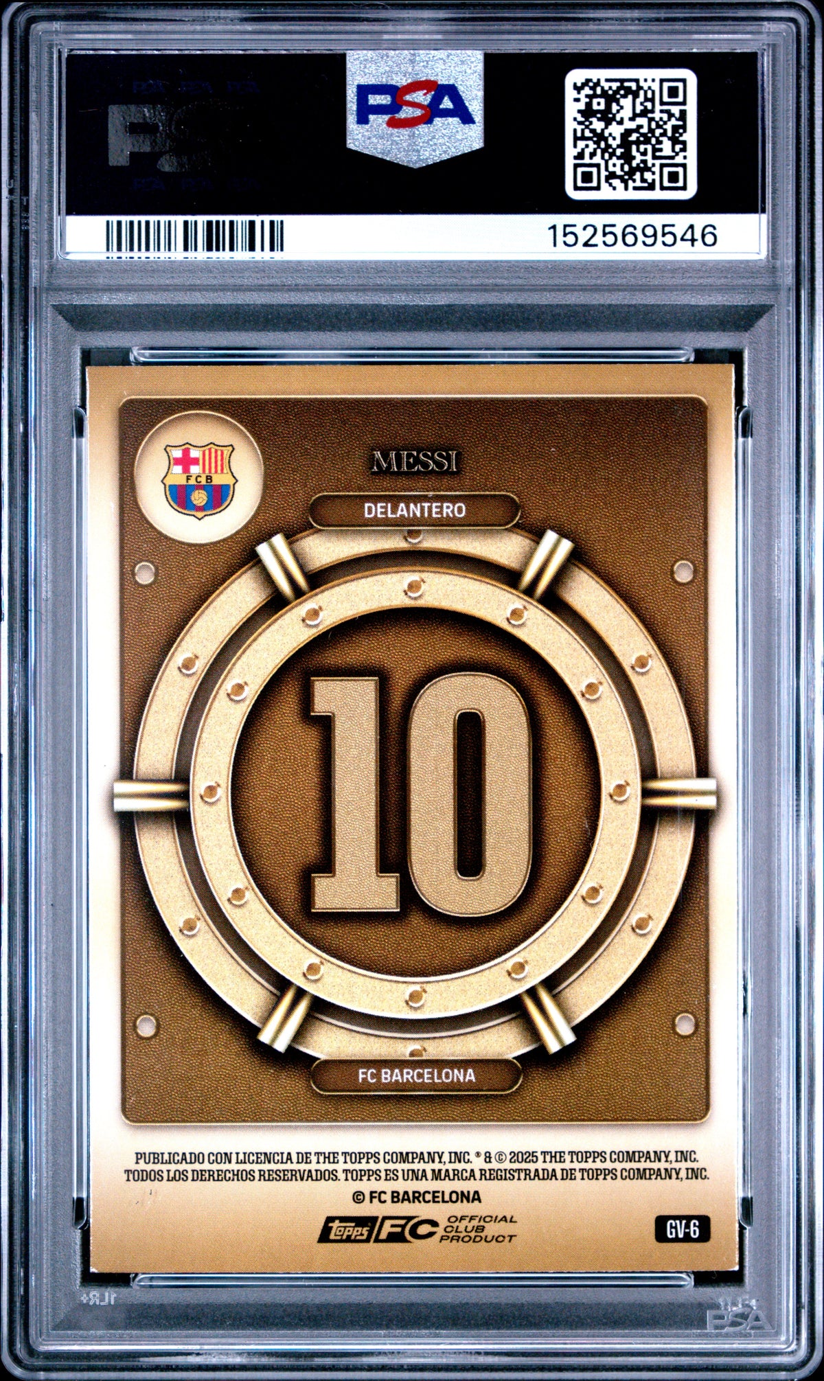 2025-2026 Topps FC Barcelona Collector Tin Gold Vault Limited Edition Lionel Messi #GV-6 — PSA 8 — back