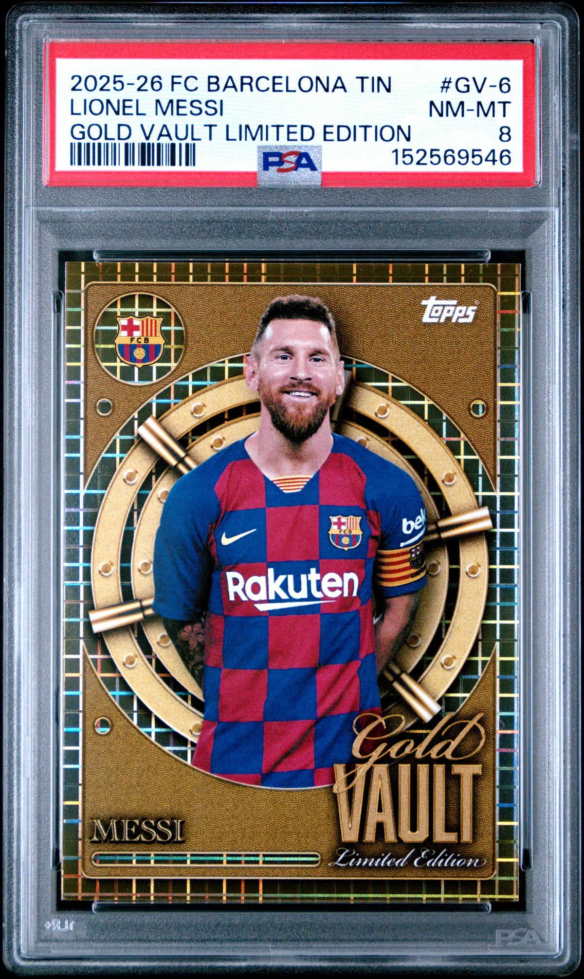 2025-2026 Topps FC Barcelona Collector Tin Gold Vault Limited Edition Lionel Messi #GV-6 — PSA 8 — front