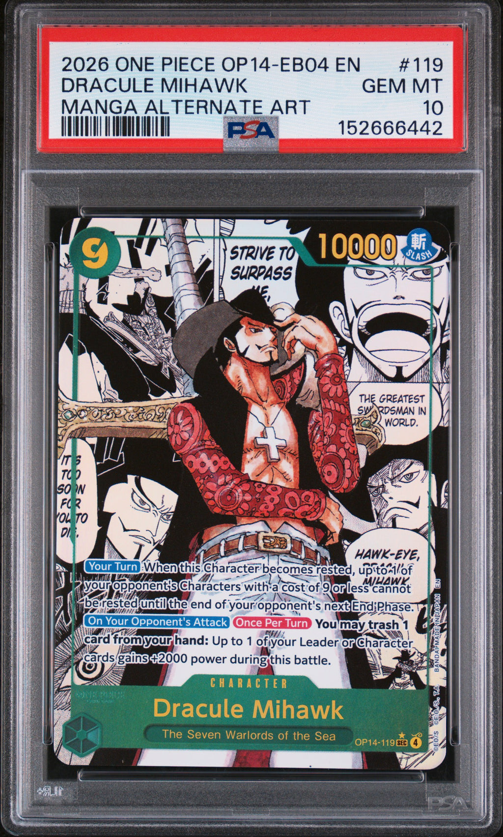 2026 One Piece The Azure Sea's Seven Dracule Mihawk Manga Alternate Art #119 — PSA 10 front
