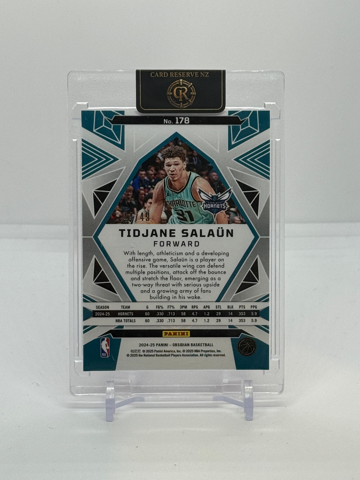 2024-25 Panini Obsidian Tidjane Salaün Electric Etch Pink Flood Rookie /49 #178 — Raw actual back