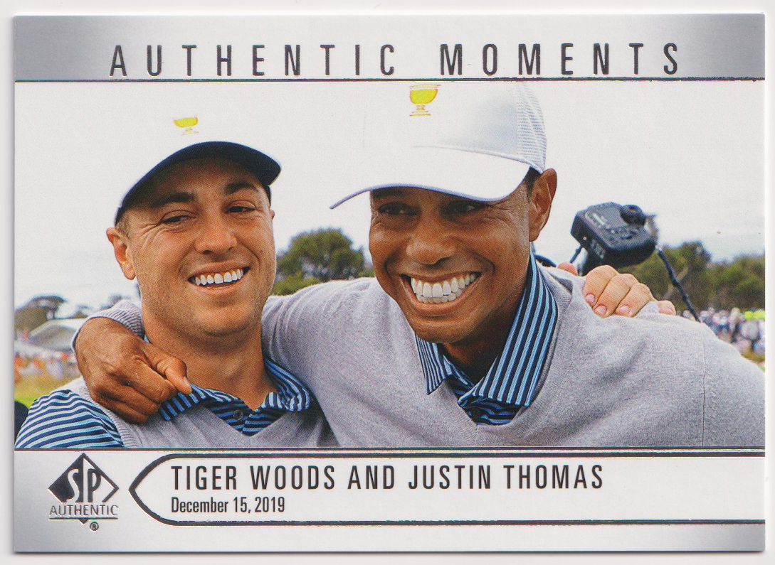 01 2021 SP Authentic Golf Tiger Woods / Justin Thomas #68 Authentic Moments — front