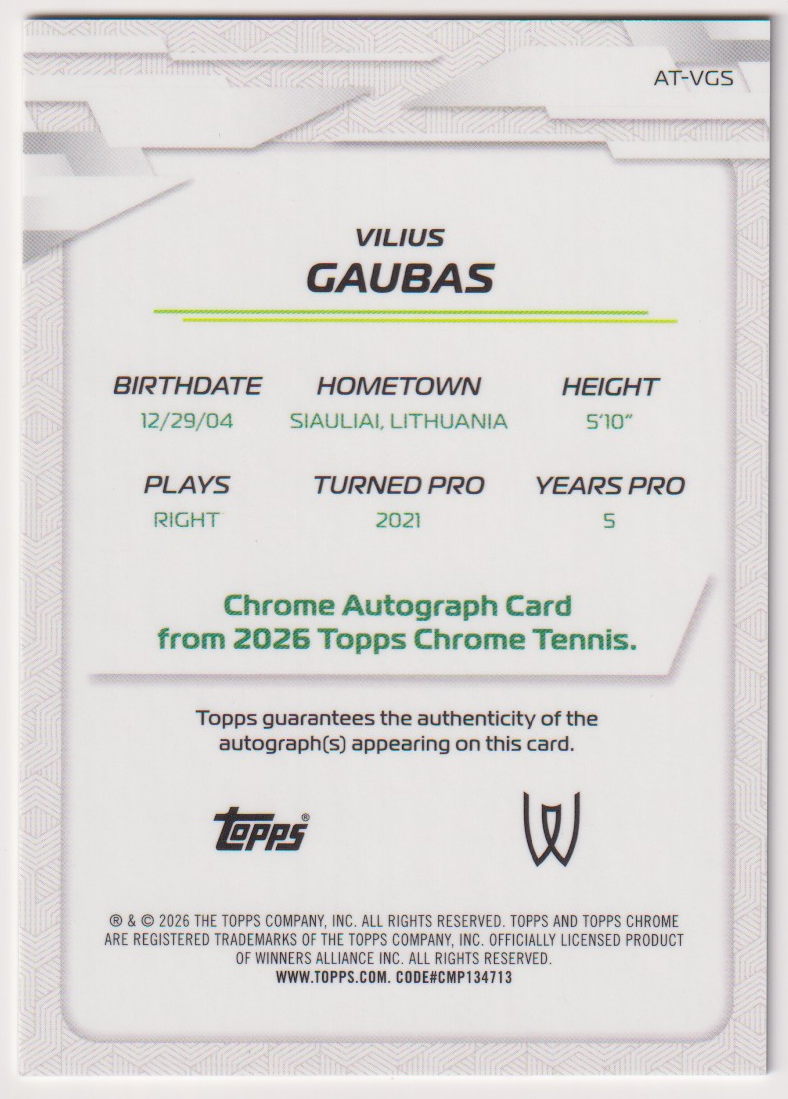 2026 Topps Chrome Tennis Vilius Gaubas Base Autograph RC #AT-VGS, back