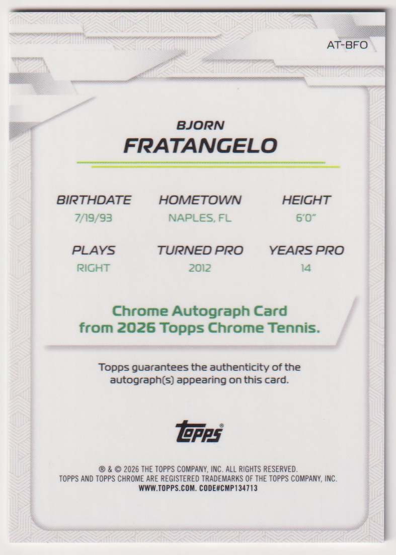 2026 Topps Chrome Tennis Bjorn Fratangelo Base Autograph #AT-BFO, back