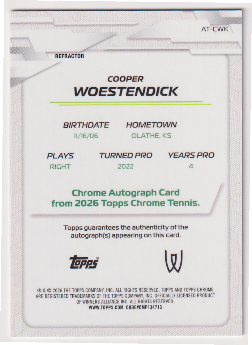 Cooper Woestendick — #AT-CWK Refractor Auto — back