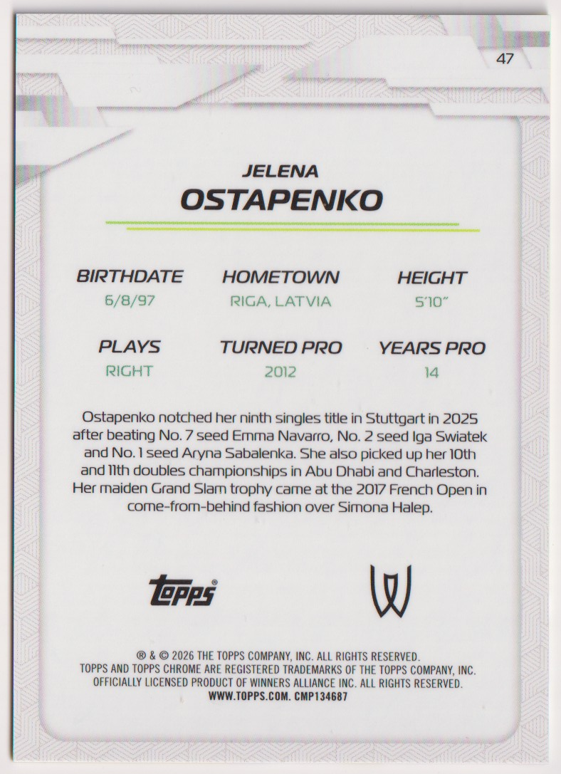 2026 Jelena Ostapenko — #47 Yellow Refractor 002/275 — back