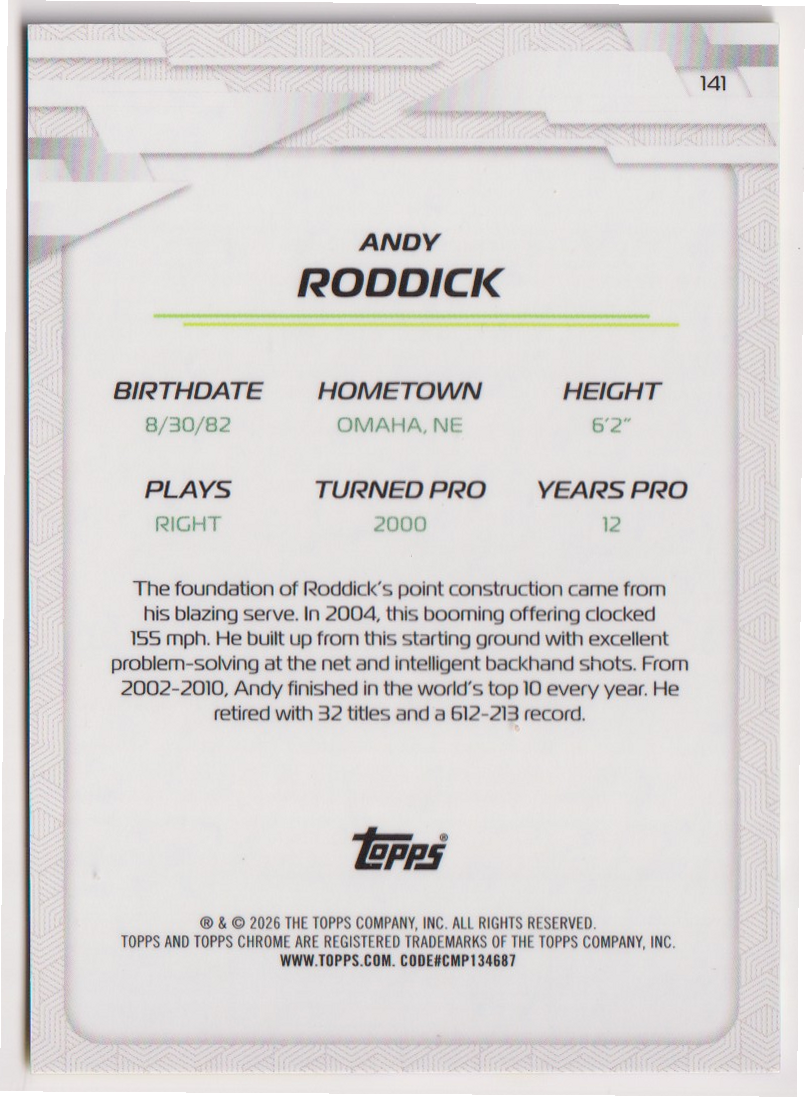 2026 Andy Roddick — #141 Yellow Refractor 207/275 — back