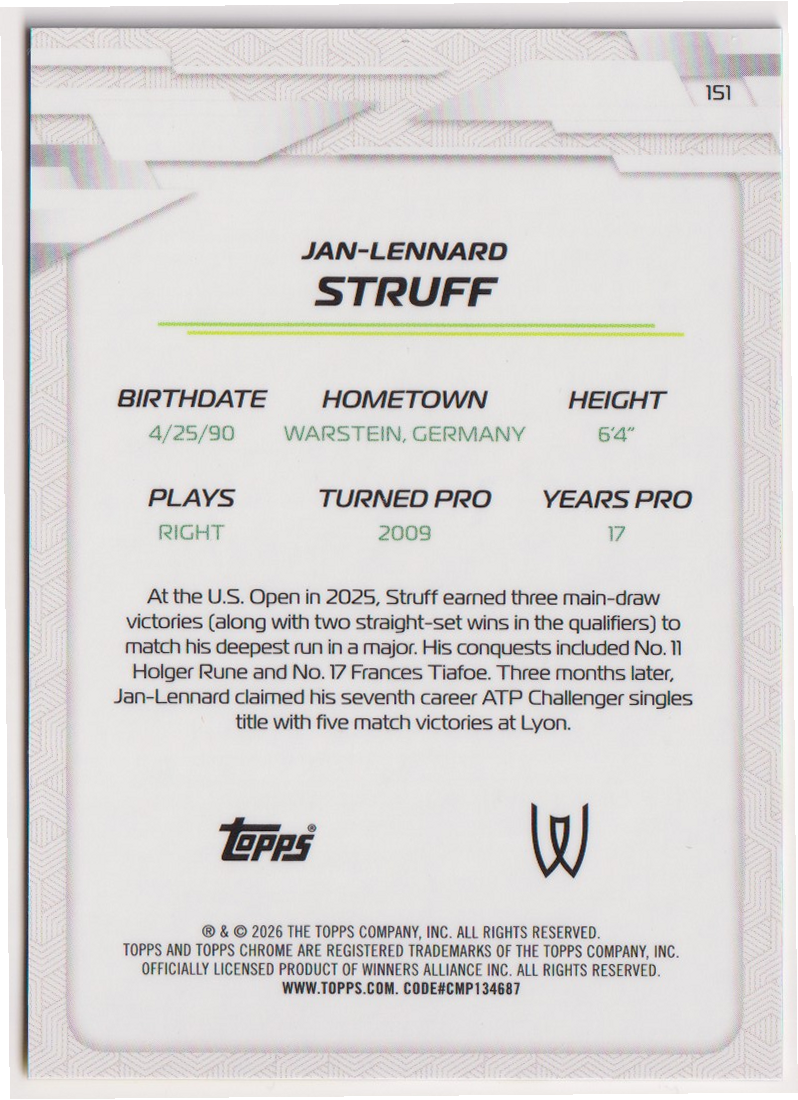 2026 Jan-Lennard Struff — #151 Yellow Refractor 123/275 — back