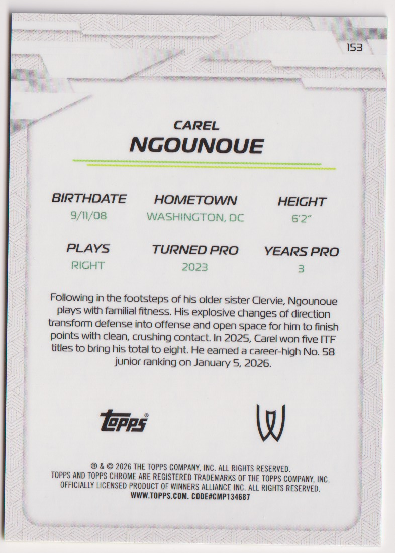 2026 Carel Ngounoue — #153 Yellow Refractor 025/275 — back