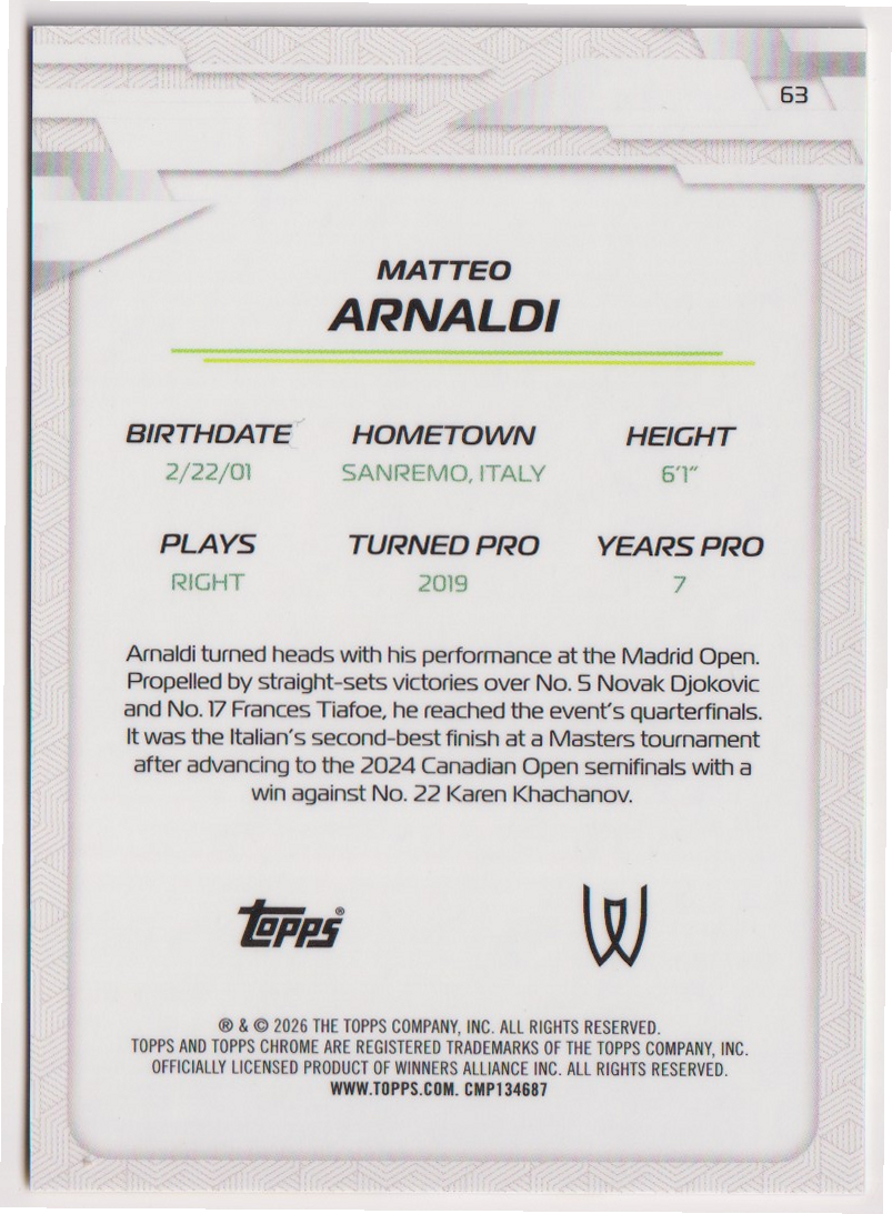 2026 Matteo Arnaldi — #63 Yellow Refractor 265/275 — back