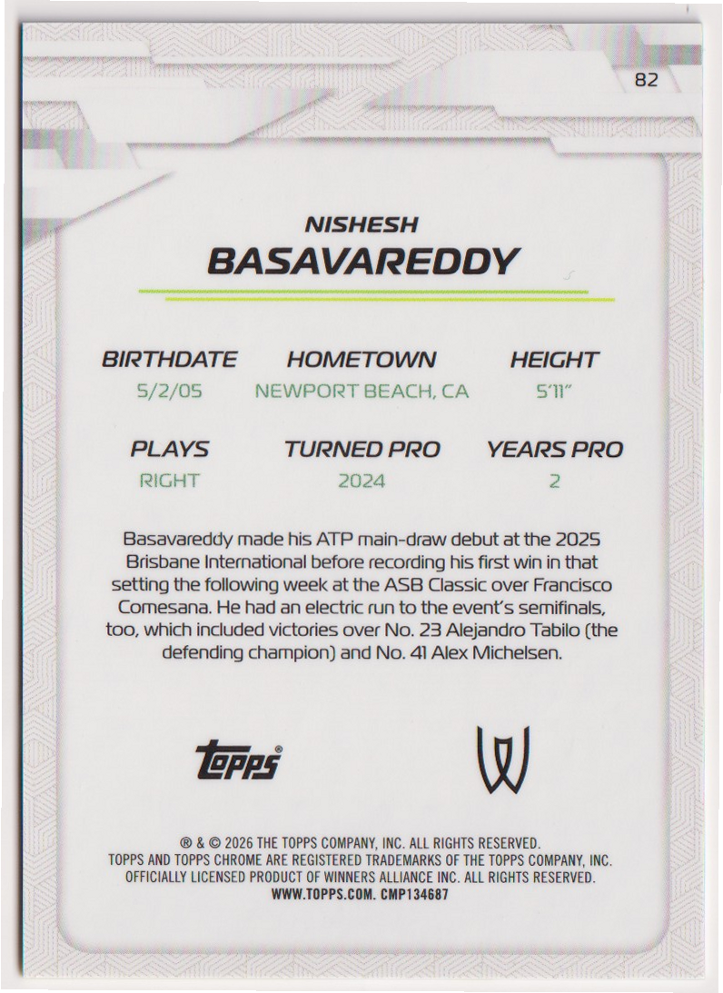 2026 Nishesh Basavareddy — #82 Yellow Refractor 099/275 RC — back